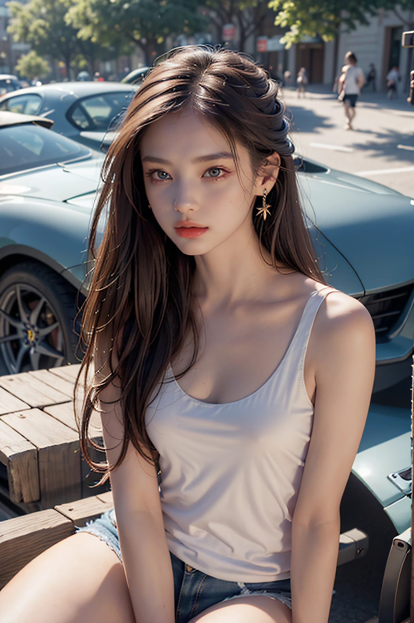 Best quality, masterpiece, super high resolution, (realistic: 1.4), original photo, (evening street), 1 girl, black eyes, looking at the audience, long hair, light makeup, lips, small ears, white t-shirt, denim shorts, earrings, sitting Ferrari, big breasts, slim