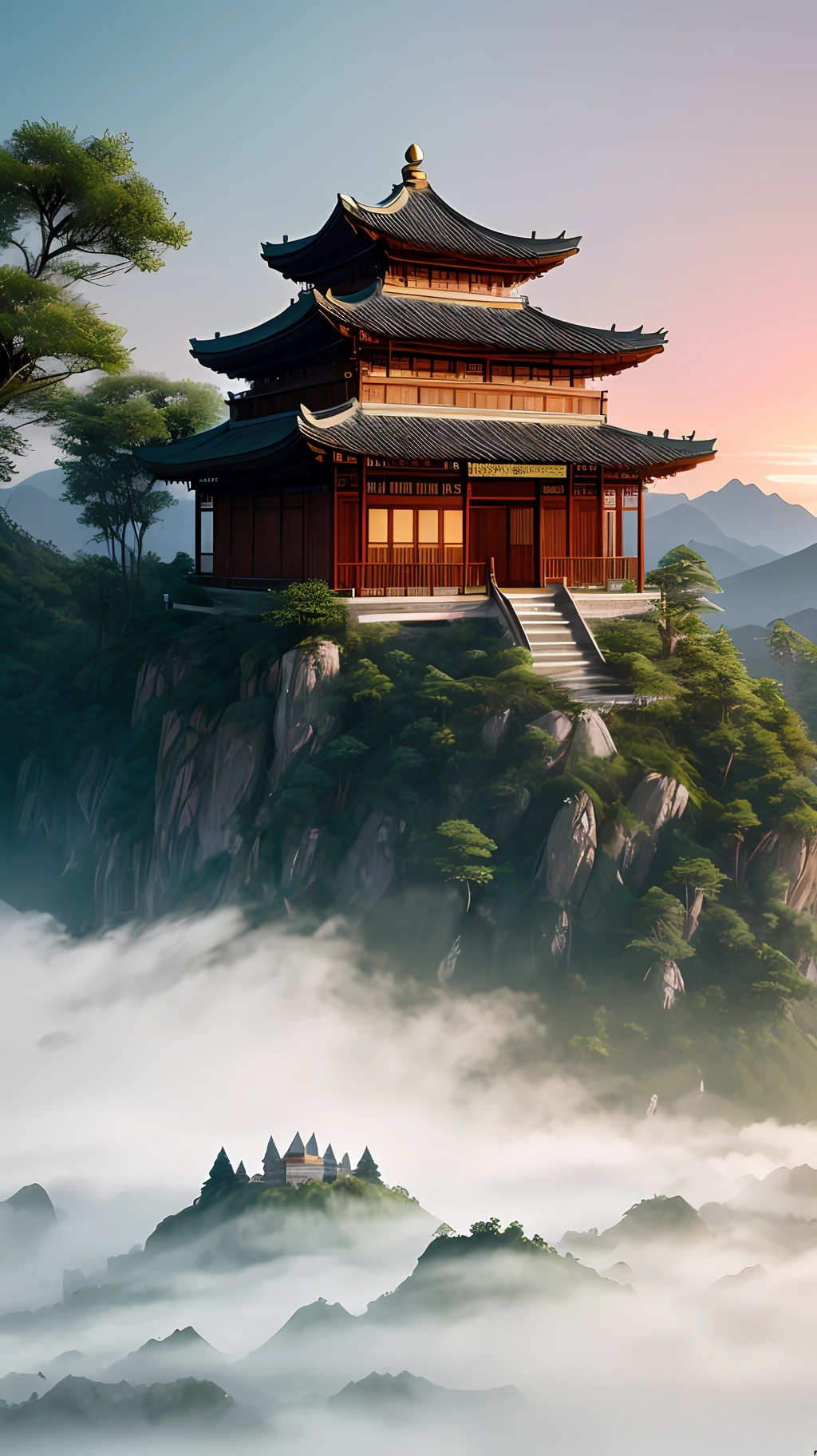 The depth of the real shot extends inward to the bottom of the mountain with a large area of sky sunset, open rays through the strong light of the clouds, scaly cumulus, a large area of horizontal and longitudinal horizontal longitudinal extension of the flat lawn, a large area of village lawn at the bottom of the mountain, towering mountains, canyons, a large area of sky subject framing, eagle perspective, light and shadow, spring, bamboo forest, light that penetrates the top of the tree and spills the lake, the Jiangnan wind courtyard hut in the distance, the main framing of the house, hazy beauty, and the depth of field. Very obvious details, Living room concept render , octane render , inspired by soviet é ities , brutalist , futuristic , well illuminated , cold, high dynamic lighting rendering, super detail, lighting effects, ultra high definition, above the clouds, sunrise, cliff, Jiangnan style architecture, white wall black sheet map top balance style building, Mountaintop Meipai architecture, green mountains, high mountains, waterfalls, holy light spilled on the top of the mountain, depth of field, high-definition, super detailed Huipai house architecture, first-person perspective, summer, rainy season, trees, fallen leaves, hazy ancient style Jiangnan courtyard in the distance, black tile eaves, wet mud soil, house main framing, sense of age, operational beauty, depth of field, very obvious details, super details, light effects, ultra HD, dramatic clouds, pink nebula lightning lightning light effects, bioluminescence, epic CG light painting, caustic lines, Optical, surreal, Unreal Engine 5 Light Magic, Intricate Detail, 3D, 8K, high - deflnition, Chinese painting ink tide style.