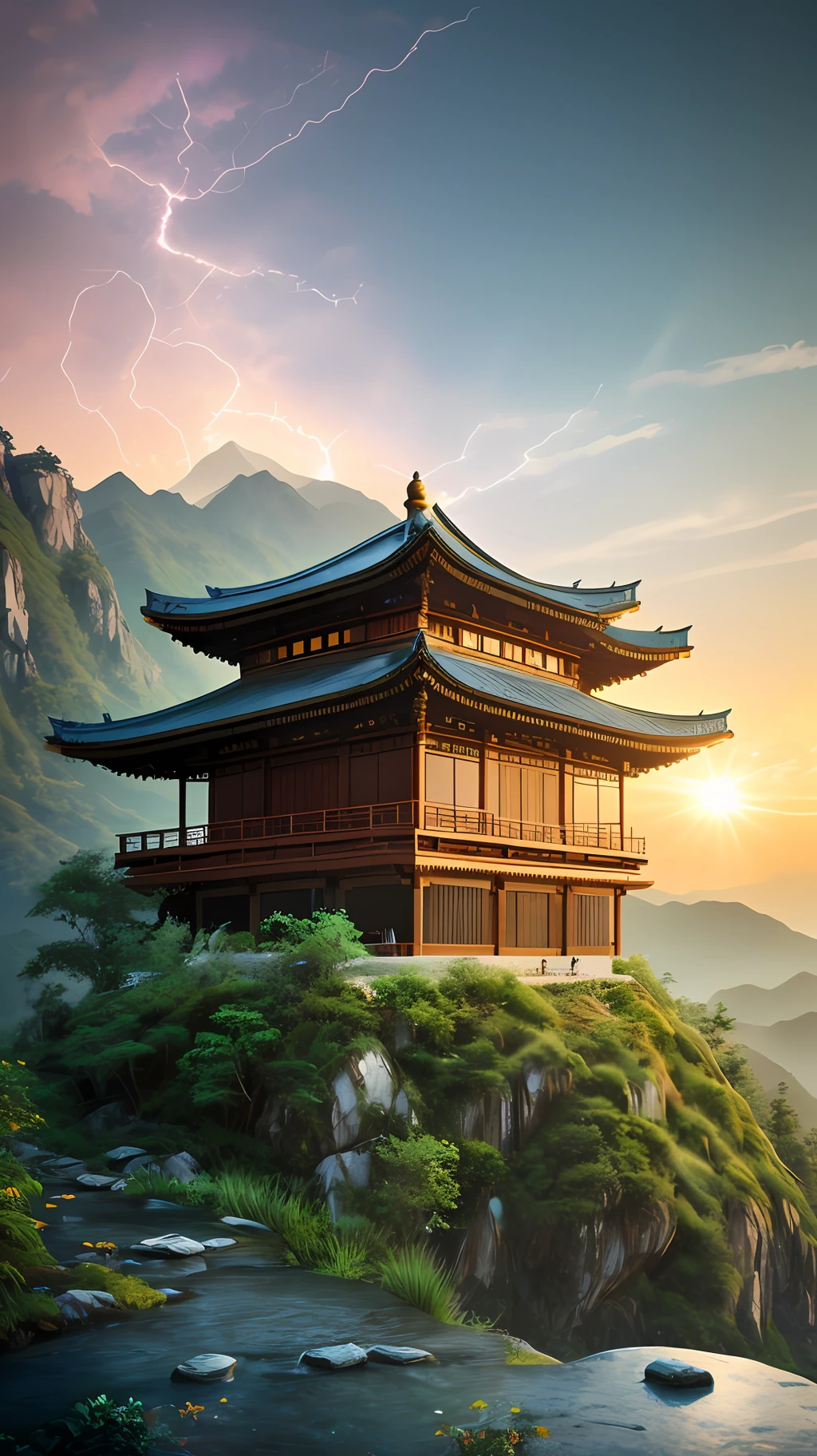 The depth of the real shot extends inward to the bottom of the mountain with a large area of sky sunset, open rays through the strong light of the clouds, scaly cumulus, a large area of horizontal and longitudinal horizontal longitudinal extension of the flat lawn, a large area of village lawn at the bottom of the mountain, towering mountains, canyons, a large area of sky subject framing, eagle perspective, light and shadow, spring, bamboo forest, light that penetrates the top of the tree and spills the lake, the Jiangnan wind courtyard hut in the distance, the main framing of the house, hazy beauty, and the depth of field. Very obvious details, Living room concept render , octane render , inspired by soviet é ities , brutalist , futuristic , well illuminated , cold, high dynamic lighting rendering, super detail, lighting effects, ultra high definition, above the clouds, sunrise, cliff, Jiangnan style architecture, white wall black sheet map top balance style building, Mountaintop Meipai architecture, green mountains, high mountains, waterfalls, holy light spilled on the top of the mountain, depth of field, high-definition, super detailed Huipai house architecture, first-person perspective, summer, rainy season, trees, fallen leaves, hazy ancient style Jiangnan courtyard in the distance, black tile eaves, wet mud soil, house main framing, sense of age, operational beauty, depth of field, very obvious details, super details, light effects, ultra HD, dramatic clouds, pink nebula lightning lightning light effects, bioluminescence, epic CG light painting, caustic lines, Optical, surreal, Unreal Engine 5 Light Magic, Intricate Detail, 3D, 8K, high - deflnition, Chinese painting ink tide style.