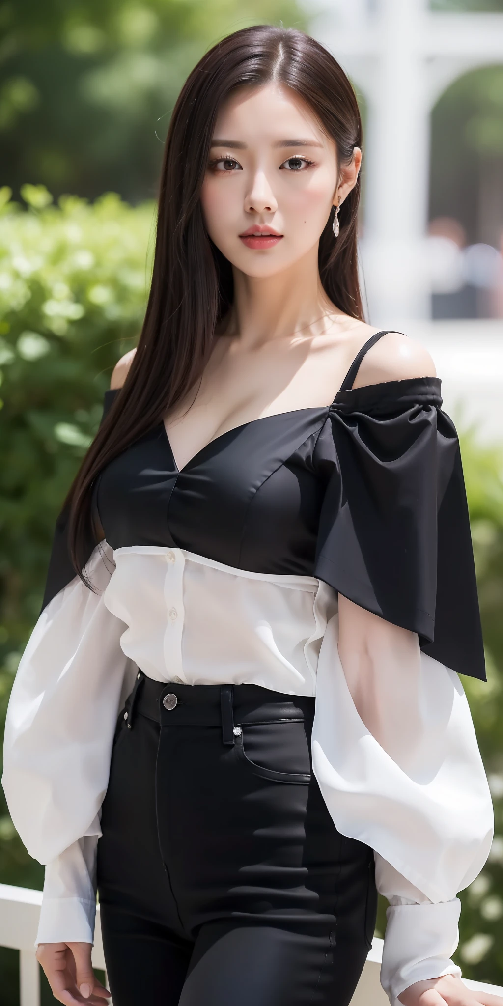 ((Top Quality, 8k, Masterpiece: 1.3)), Sharp Focus: 1.2,1 Perfect figure Pretty Women: 1.4, black hair, middle breasts, wearing a white blouse, highly detailed face and skin texture, detailed eyes, double eyelids, off-shoulder