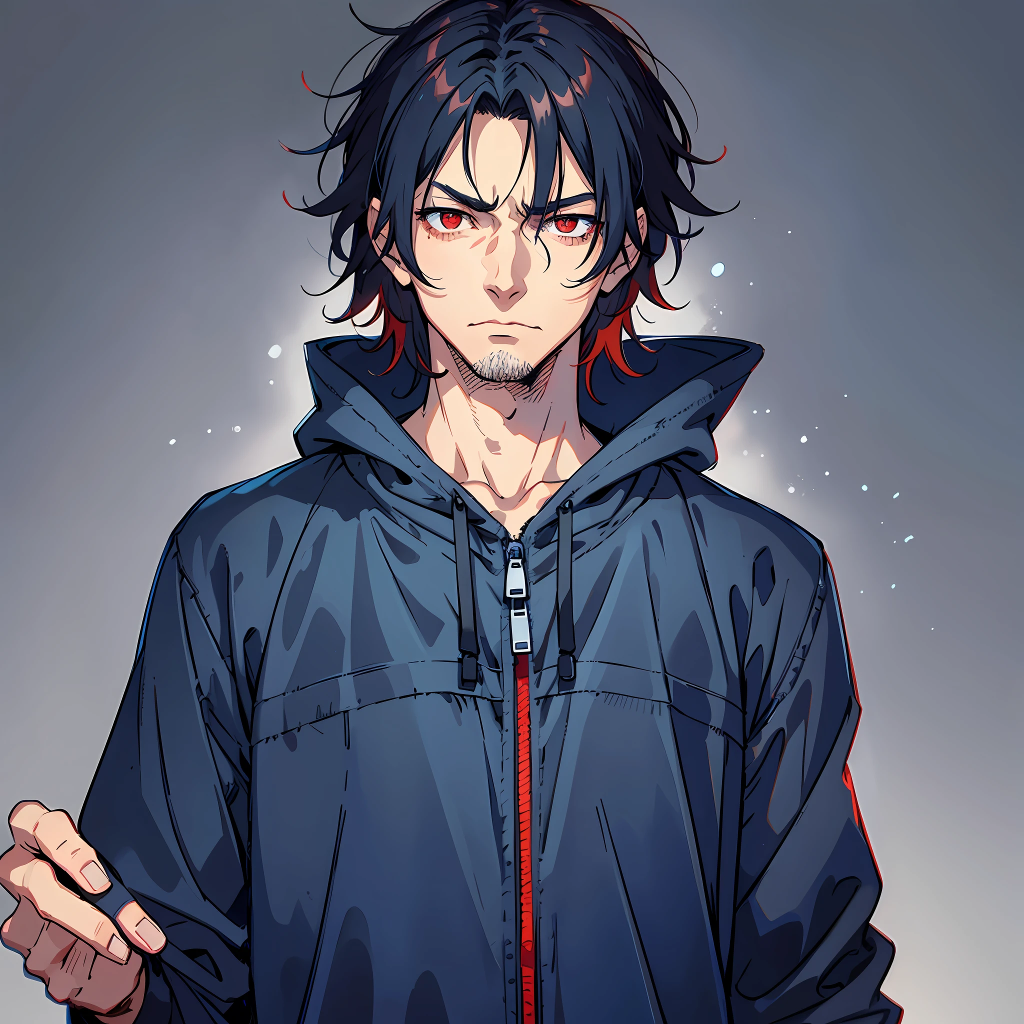 1.2) Tall manly man, messy hair in natural style, dark blue clothes with long sleeves without zippers, tired and red eyes, tired and serious expression, neutral background, without many colors, with his eyes being the contrast of the anime style image --auto --s2