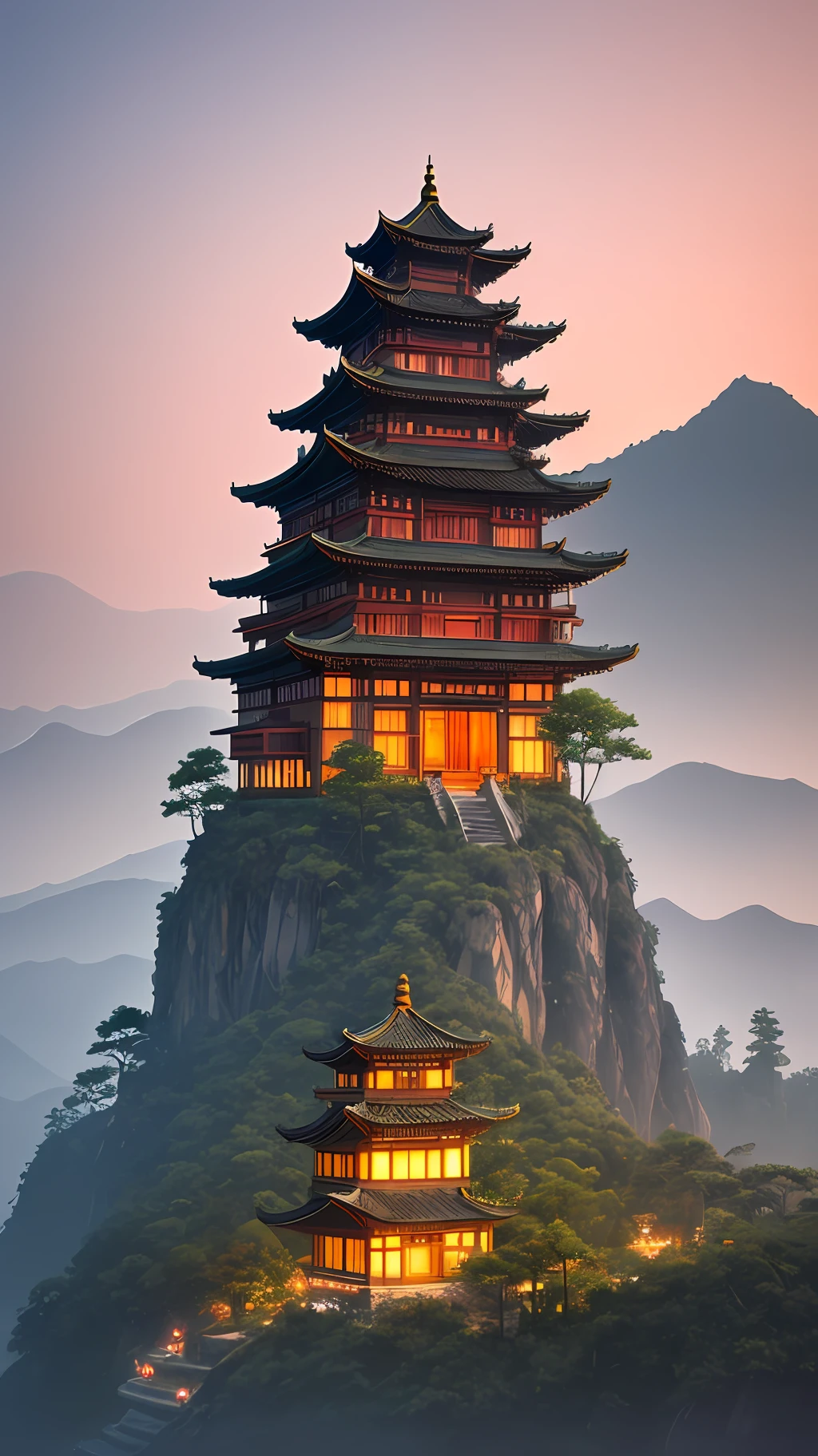The depth of the real shot extends inward to the bottom of the mountain with a large area of sky sunset, open rays through the strong light of the clouds, scaly cumulus, a large area of horizontal and longitudinal horizontal longitudinal extension of the flat lawn, a large area of village lawn at the bottom of the mountain, towering mountains, canyons, a large area of sky subject framing, eagle perspective, light and shadow, spring, bamboo forest, light that penetrates the top of the tree and spills the lake, the Jiangnan wind courtyard hut in the distance, the main framing of the house, hazy beauty, and the depth of field. Very obvious details, Living room concept render , octane render , inspired by soviet é ities , brutalist , futuristic , well illuminated , cold, high dynamic lighting rendering, super detail, lighting effects, ultra high definition, above the clouds, sunrise, cliff, Jiangnan style architecture, white wall black sheet map top balance style building, Mountaintop Meipai architecture, green mountains, high mountains, waterfalls, holy light spilled on the top of the mountain, depth of field, high-definition, super detailed Huipai house architecture, first-person perspective, summer, rainy season, trees, fallen leaves, hazy ancient style Jiangnan courtyard in the distance, black tile eaves, wet mud soil, house main framing, sense of age, operational beauty, depth of field, very obvious details, super details, light effects, ultra HD, dramatic clouds, pink nebula lightning lightning light effects, bioluminescence, epic CG light painting, caustic lines, Optical, surreal, Unreal Engine 5 Light Magic, Intricate Detail, 3D, 8K, high - deflnition, Chinese painting ink tide style.