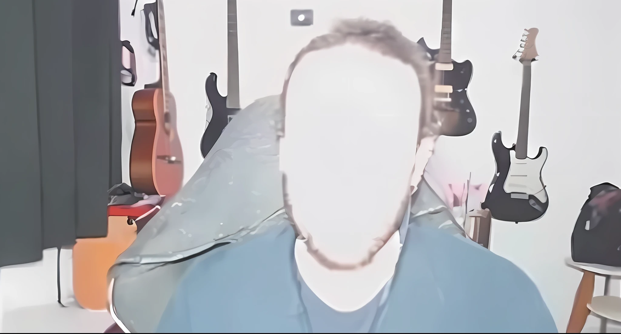 there is a man with a guitar in a room with guitars, neckbeard, low quality footage, blurry face, detailed unblurred face, grainy footage, blurred face, obscured face, grainy low quality, low quality video, no faces visible, unsettling photo, distorted photo, low quality grainy, ghosts in the background, white neck visible