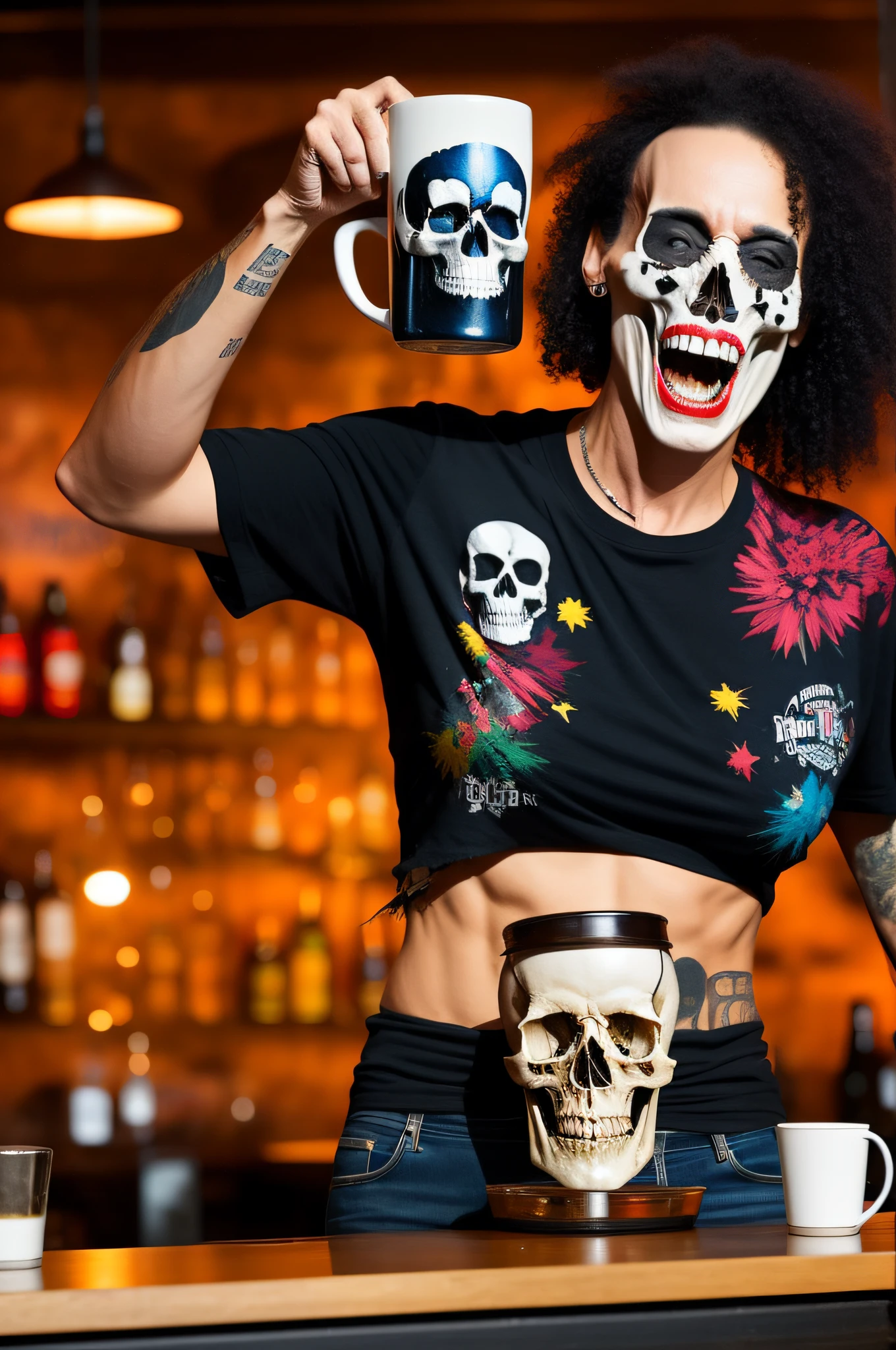 You approach the bar and see a skull, enjoying the sound of a rock 'n roll band. She shakes her head to the rhythm of the music and raises a mug of beer in greeting. His black and torn clothes matching the environment.