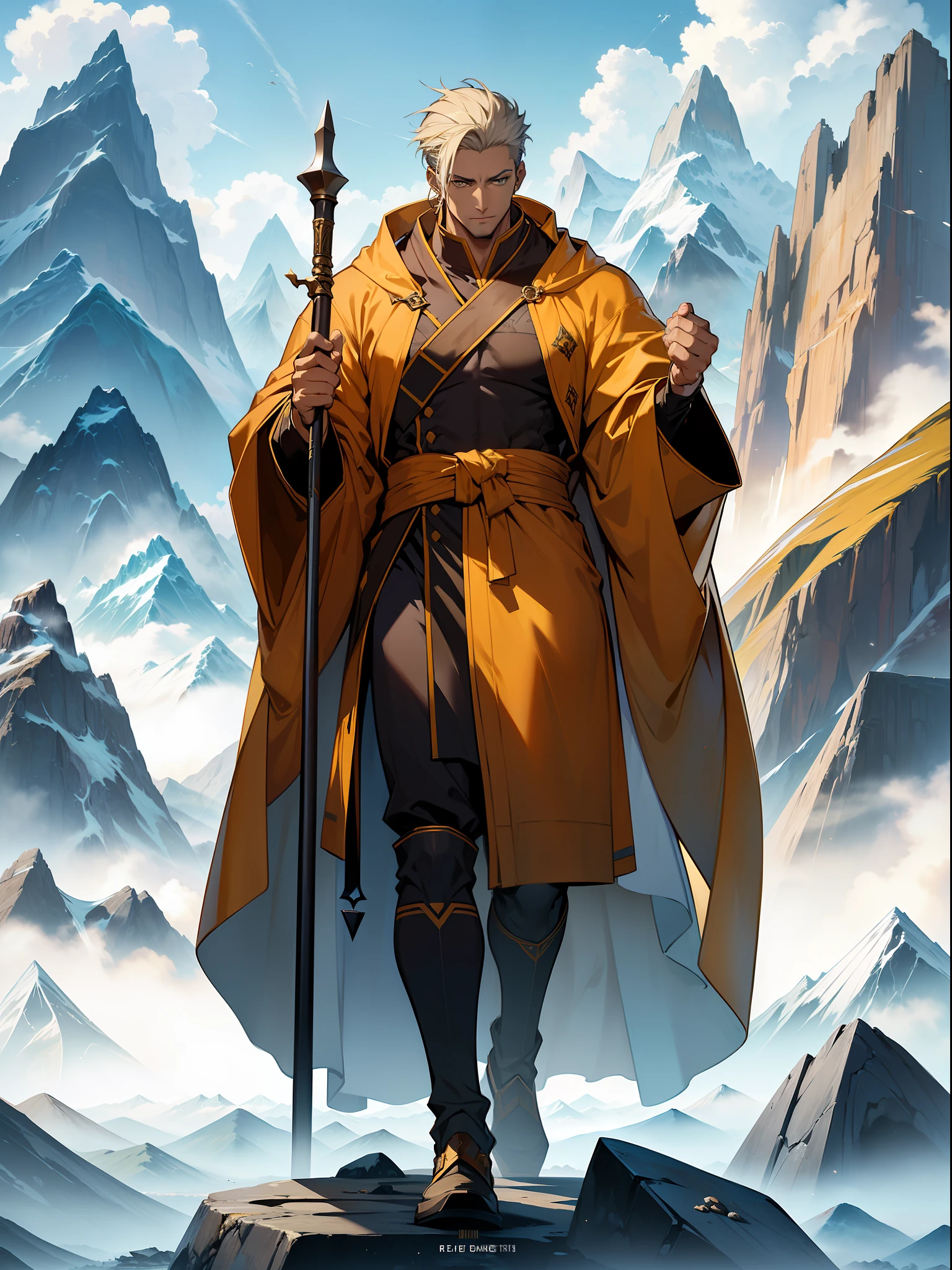 ((high quality)), ((masterpiece)), (((correct in displaning)), light, tall, yellow robe, holding a stone hammer, male character, earth element, representing mountains, stability and endurance, majesty, firm will, full body character design