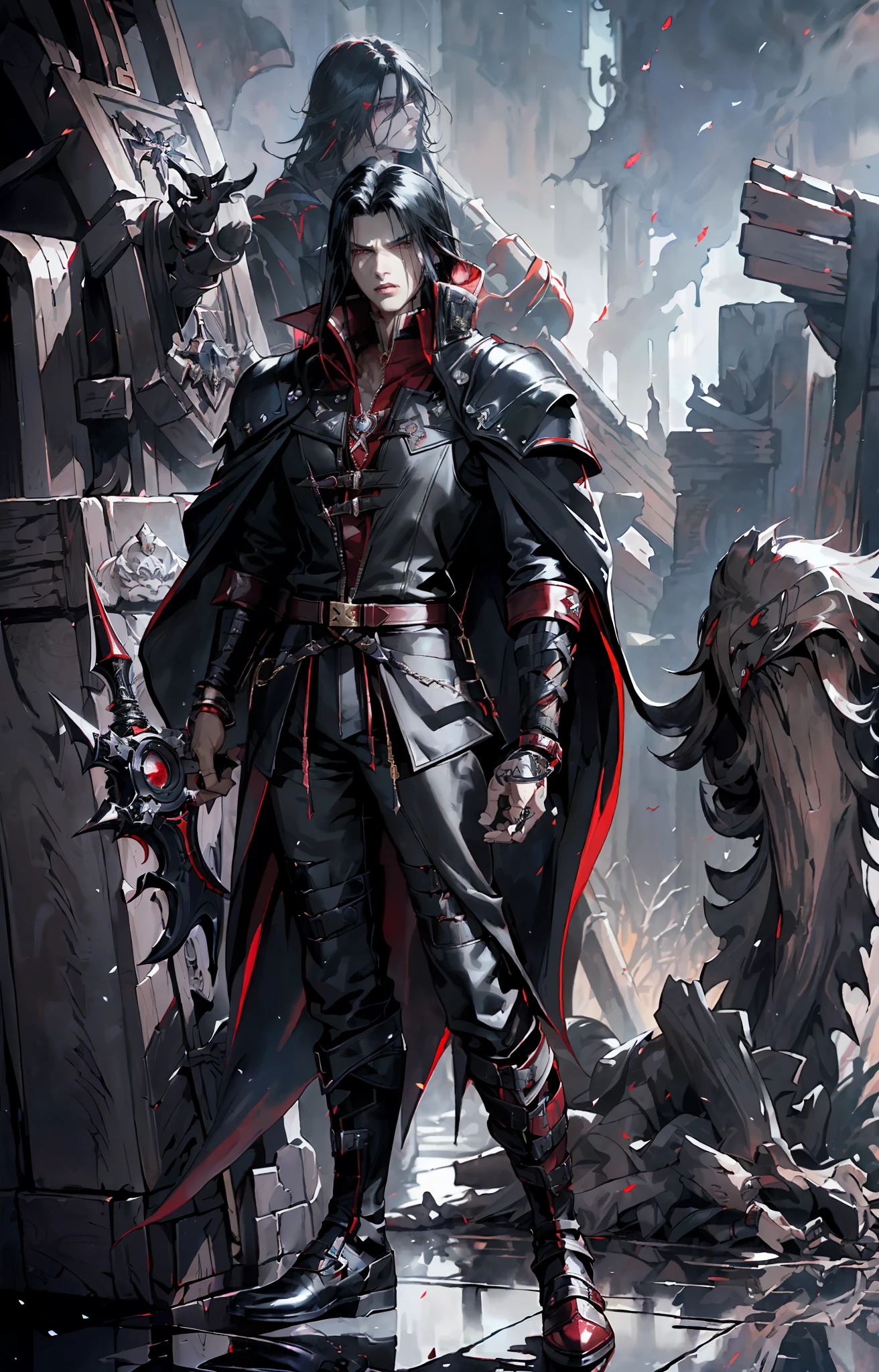(((Final Fantasy, Vincent Valentine)),detailed face attractive man long black hair, anime character with red cape and zippers, high collar, 4k manga wallpaper, badass anime 8k, tetsuya nomura style, epic anime style, gold metal bracelet, clawed, alucard vampire style, berserk style, watercolor, wlop, master piece
