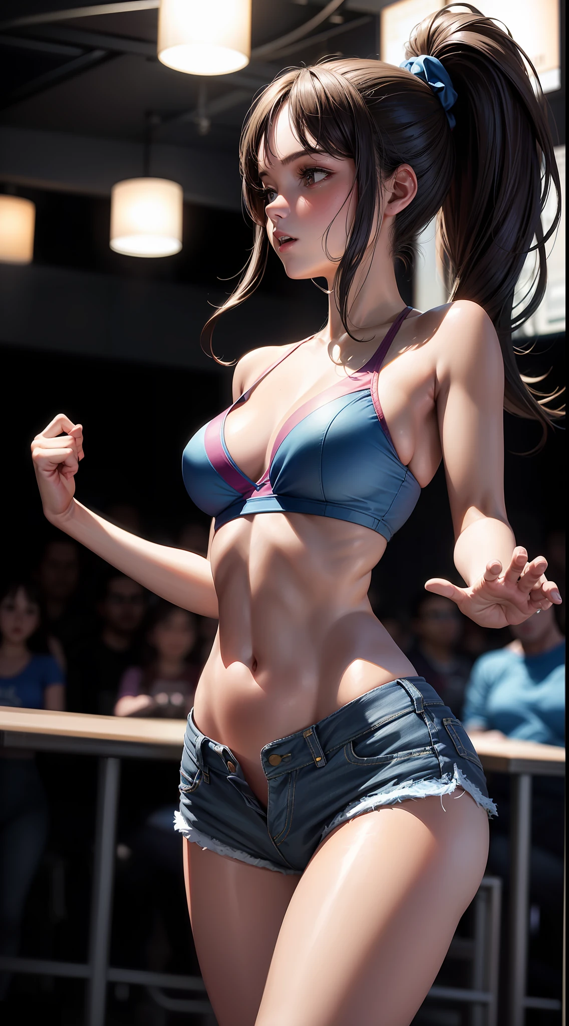 Superior quality, masterpiece, ultra high resolution, (realistic: 1.4), girl, cheerleader, dancing, dynamic pose, blue bikini, blue Victoria's Secret shorts, denim shorts, ponytail hair, brown hair, brown eyes, sweating