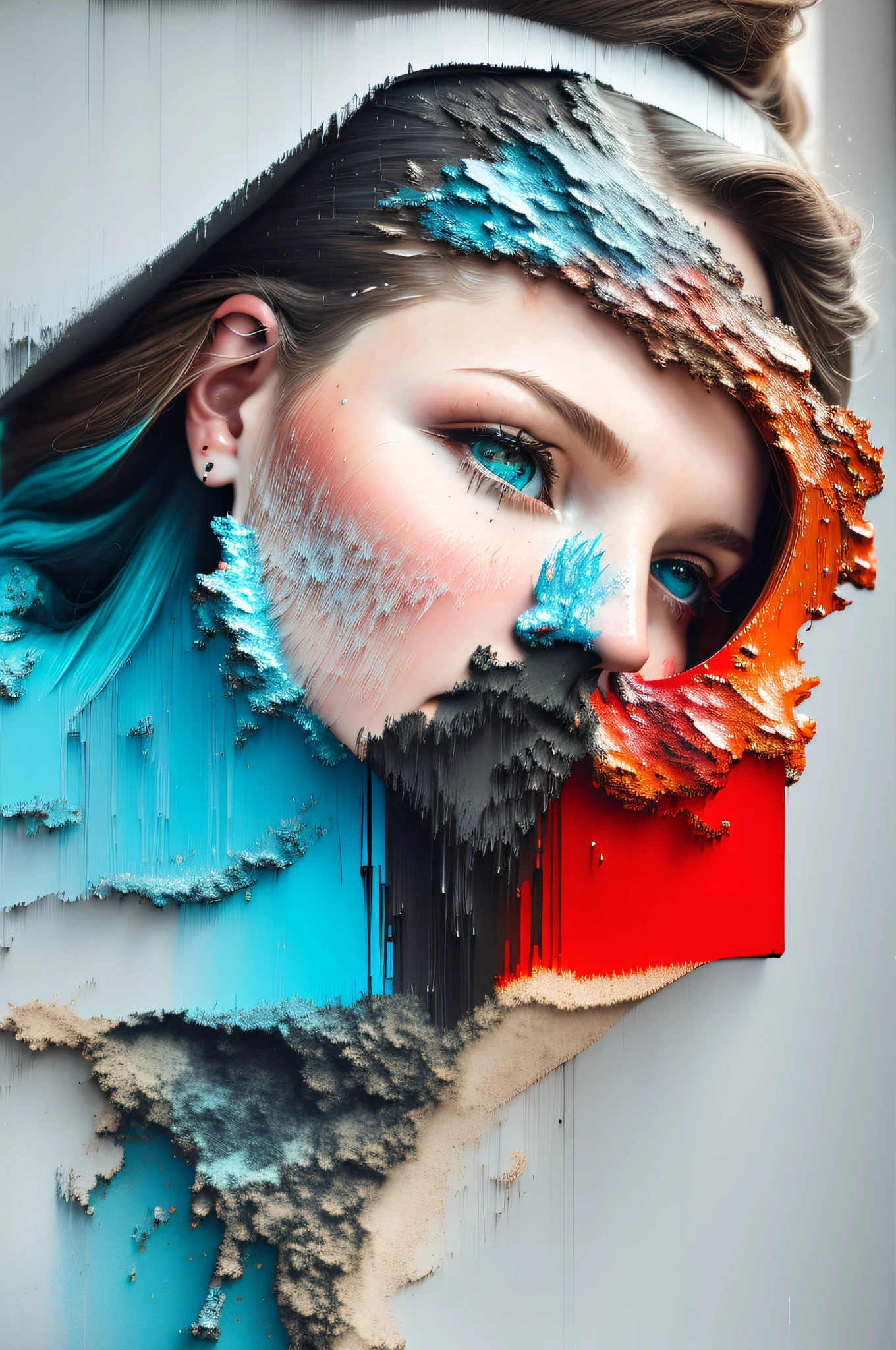 pixel sorting, (Paint colliding and splashing on the canvas), girl's side face blends into it,((side face)),open mouth, Liquid state,stunningly beautiful, masterpiece, detailed background, ethereal background,abstract beauty, explosive volumetric, oil painting,heavy strokes,