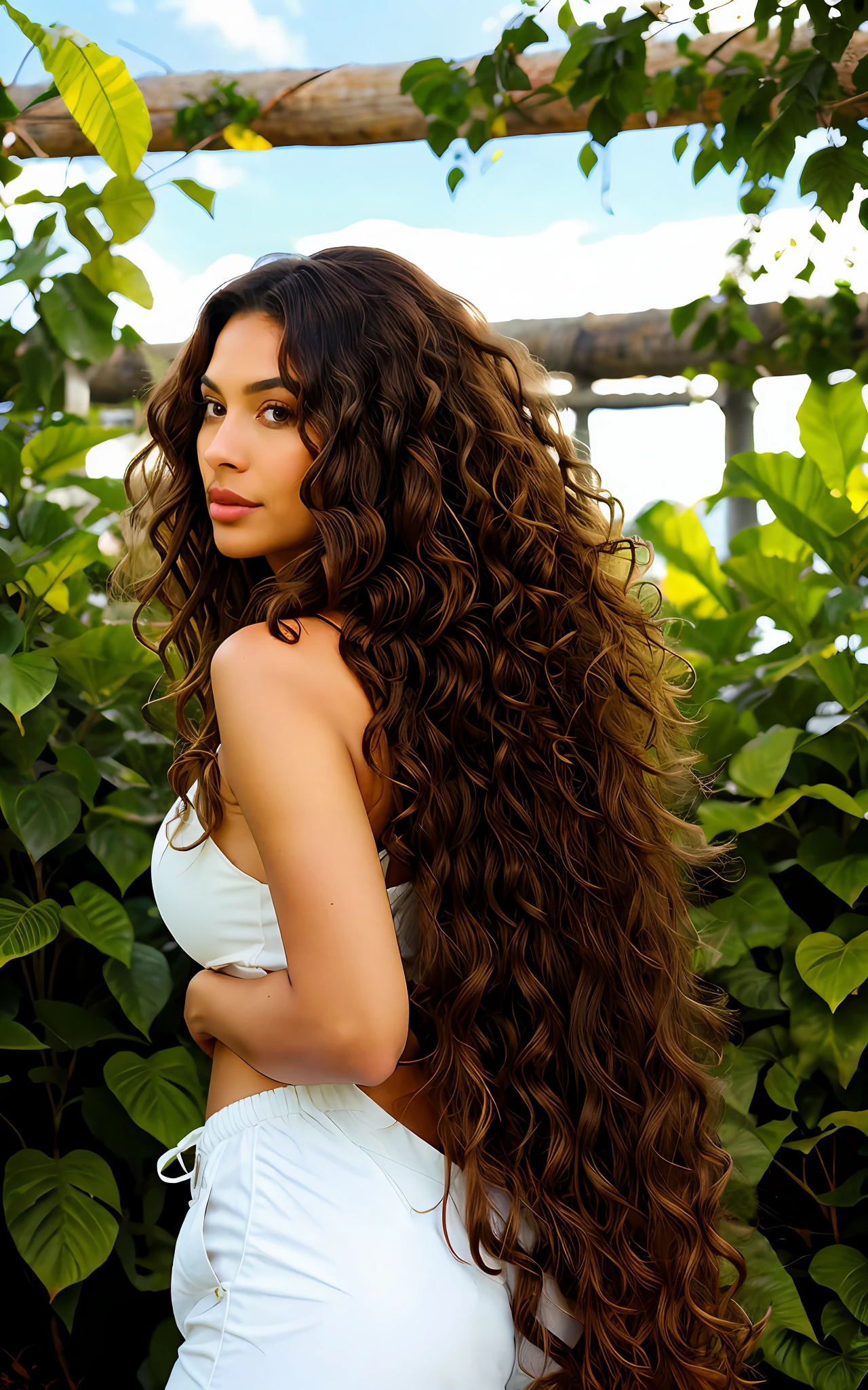 Brown woman, big hair, long hair, curly hair, brown eyes, distracted, back, blue sky, plants, nature