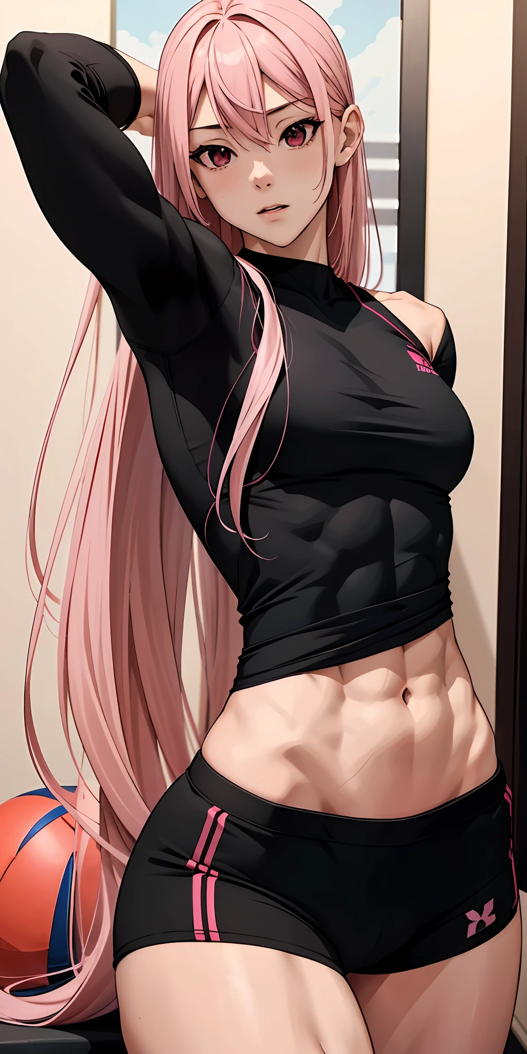Boy, male body, adult, girl face, seductive face, provocative look, , long pink hair, perfect body, fit body, thin waist, black shirt, muscular, small girl's chest, red volleyball shorts, pretuberance, male genital, sissy, femboy, lying on his ass up