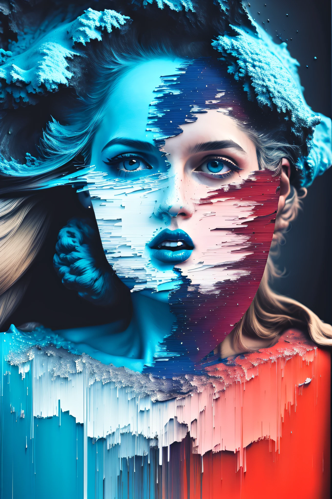 pixel sorting, (Paint colliding and splashing on the canvas), girl's side face blends into it,((side face)),open mouth, Liquid state,stunningly beautiful, masterpiece, detailed background, ethereal background,abstract beauty, explosive volumetric, oil painting,heavy strokes,
