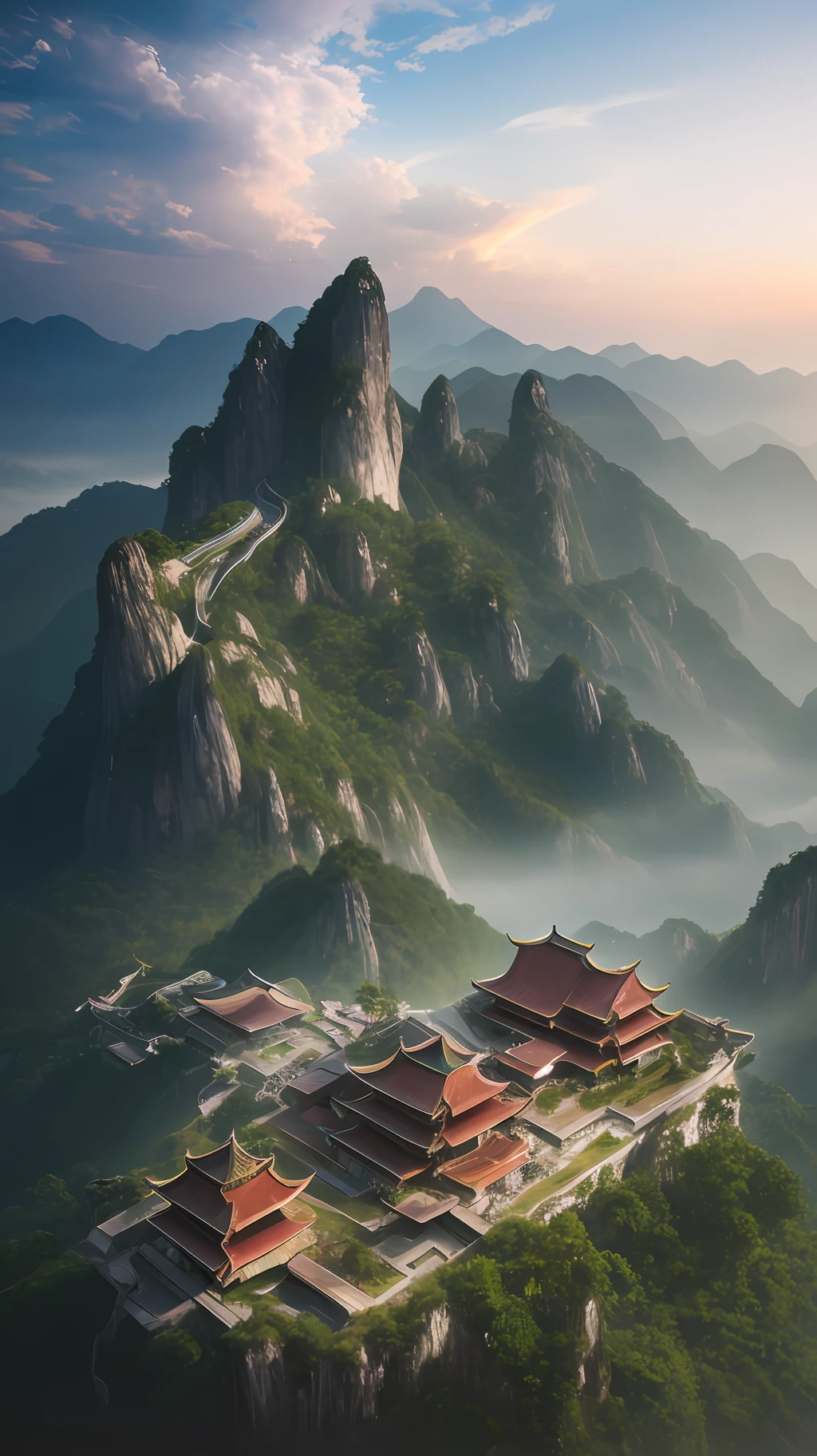 The depth of the real shot extends inward to the bottom of the mountain with a large area of sky sunset, open rays through the strong light of the clouds, scaly cumulus, a large area of horizontal and longitudinal horizontal longitudinal extension of the flat lawn, a large area of village lawn at the bottom of the mountain, towering mountains, canyons, a large area of sky subject framing, eagle perspective, light and shadow, spring, bamboo forest, light that penetrates the top of the tree and spills the lake, the Jiangnan wind courtyard hut in the distance, the main framing of the house, hazy beauty, and the depth of field. Very obvious details, Living room concept render , octane render , inspired by soviet é ities , brutalist , futuristic , well illuminated , cold, high dynamic lighting rendering, super detail, lighting effects, ultra high definition, above the clouds, sunrise, cliff, Jiangnan style architecture, white wall black sheet map top balance style building, Mountaintop Meipai architecture, green mountains, high mountains, waterfalls, holy light spilled on the top of the mountain, depth of field, high-definition, super detailed Huipai house architecture, first-person perspective, summer, rainy season, trees, fallen leaves, hazy ancient style Jiangnan courtyard in the distance, black tile eaves, wet mud soil, house main framing, sense of age, operational beauty, depth of field, very obvious details, super details, light effects, ultra HD, dramatic clouds, pink nebula lightning lightning light effects, bioluminescence, epic CG light painting, caustic lines, Optical, surreal, Unreal Engine 5 Light Magic, Intricate Detail, 3D, 8K, high - deflnition, Chinese painting ink tide style.