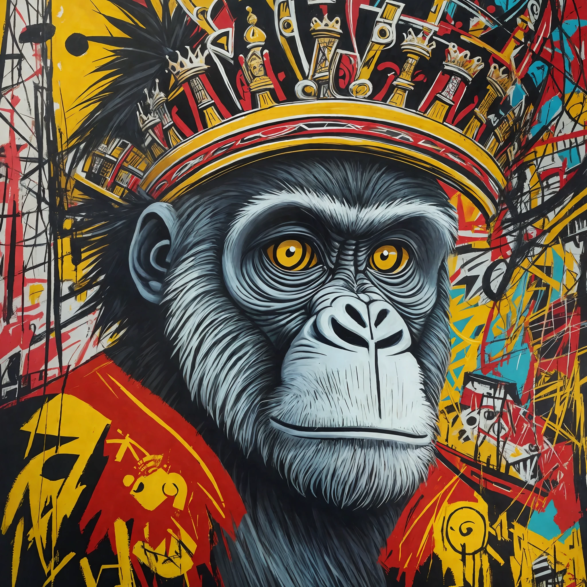 a close up of a painting of a monkey with a crown on it's head, inspired by Alex Petruk APe, bored ape nft, by Alex Petruk APe, bored ape, monkey, in style of primal apes, inspired by Jean Micheal Basquiat, ape, inspired by Jean-Michel Basquiat, by Jean Micheal Basquiat, gorilla --auto --s2