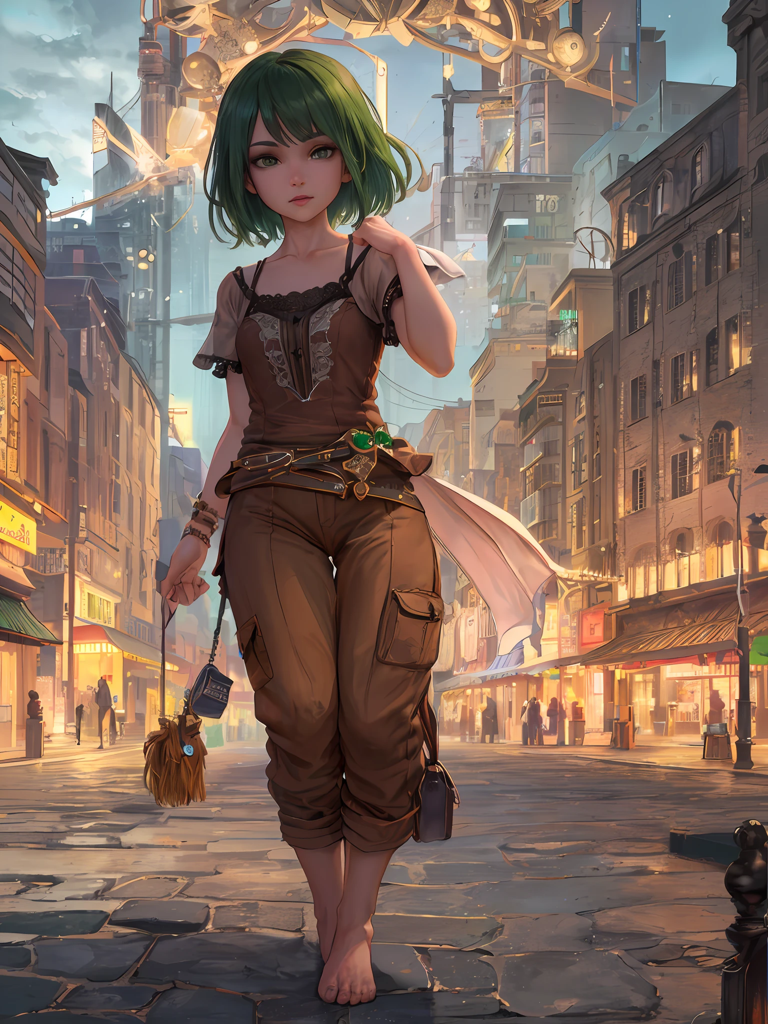 solo, girl, 8 years, (running, bag), ((simple brown dress, short sleeve, simple brown pants, barefoot, bracelet)), ((detailed little dirty face, detailed short emerald green hair, detailed beautiful green eyes, detailed light skin, realistic skin, detailed hands)), (full body photo), (looking at the viewer), (best quality, masterpiece, perfect image, sharp focus, hyper-detailed, tone mapping, 8k uhd, Ultra quality CG, best intricate details, RAW photo, photorealism), (very dark lip gloss, so many eyelashes, high quality, high resolution, depth of field, chromatic aberration, natural color, child, oriental), slender figure, (detailed city background, fair, stalls, antique)