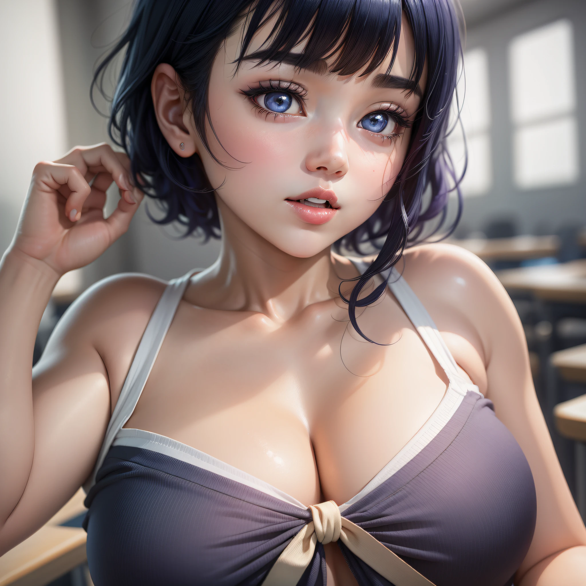 A Cute Girl with white skin, sexy body, size (small), chubby, short hair (up to the shoulders) and black, blue hair tones [ bright ], curious look, bbwchan, ordinary clothes, round face, anime style, in a school, anime style, realistic lighting, Radiosity, Close Up