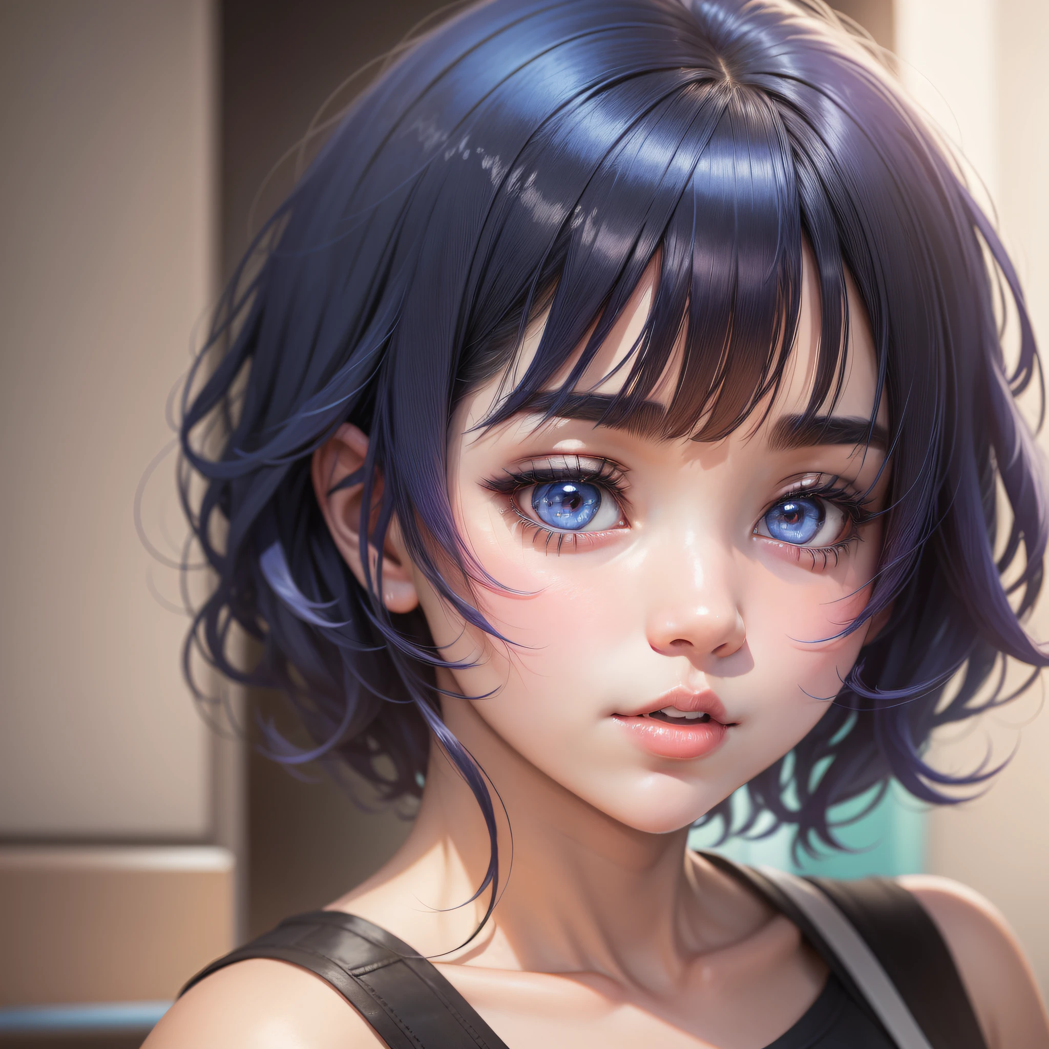 A Cute Girl with white skin, sexy body, size (small), chubby, short hair (up to the shoulders) and black, blue hair tones [ bright ], curious look, bbwchan, ordinary clothes, round face, anime style, in a school, anime style, realistic lighting, Radiosity, Close Up