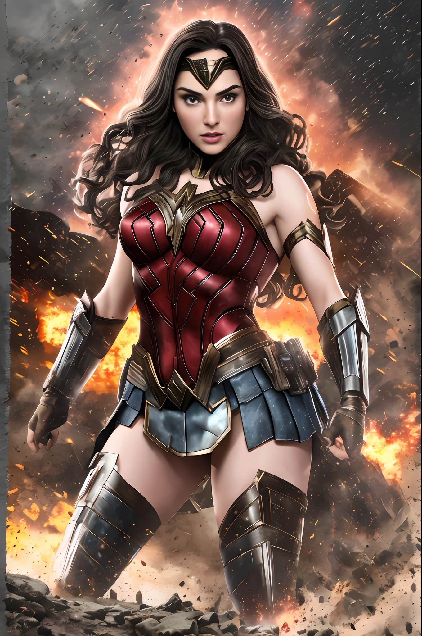 Gal Gadot as Wonder Woman and Ben Affleck as Batman, backgroud WWII tanks and soldiers with explosions, sky red, action scene, realistic, Fujifilm XT3, detailed, high definicion, ultra resolution, 64k, --auto --s2