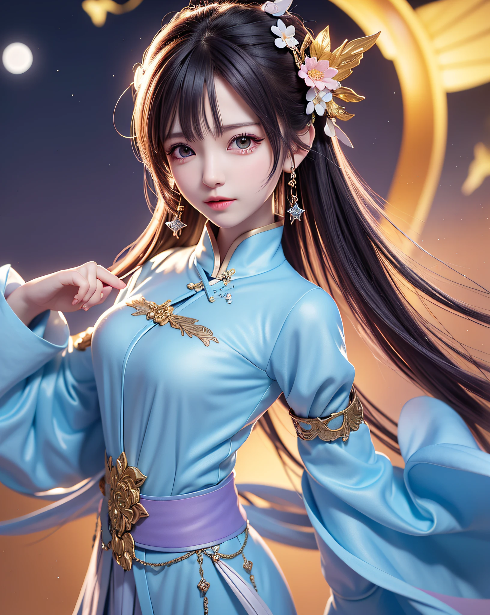 (8k, RAW photo:1.2), best quality, ultra high res,dramatic angle,(fluttered detailed color splashs), (illustration),(((1 girl))),(long hair),(rain:0.9), (头饰:1.4),少女身边有一座古宫,汉服,(重点),彩色水墨画,(泼彩),泼彩,(((colorful))),(素描:0.8) , Masterpiece, best quality, beautiful painted, highly detailed,(denoising:0.6),[splash ink],((ink refraction)), (beautiful detailed sky),moon,highly,detaild,(masterpiece, best quality, extremely detailed） CG unity 8k壁纸，杰作，最好的质量，超详细），（石蒜），