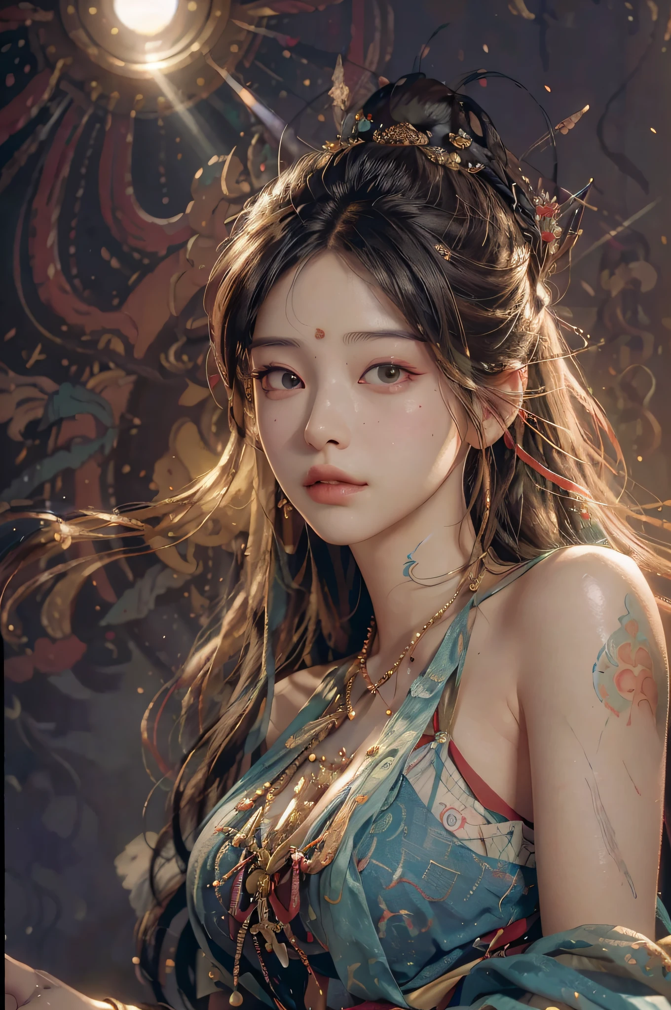 (RAW photo, best quality), (realistic, photo-realistic:1.3),best quality,highly detailed,masterpiece,ultra-detailed,illustration,1girl,upper_body,dynamic angle,world masterpiece theater,messy_long_hair,best quality,extremely detailed CG unity 8k wallpaper,ink,Amazing,cinematic lighting,lens_flare, dunhuang_style