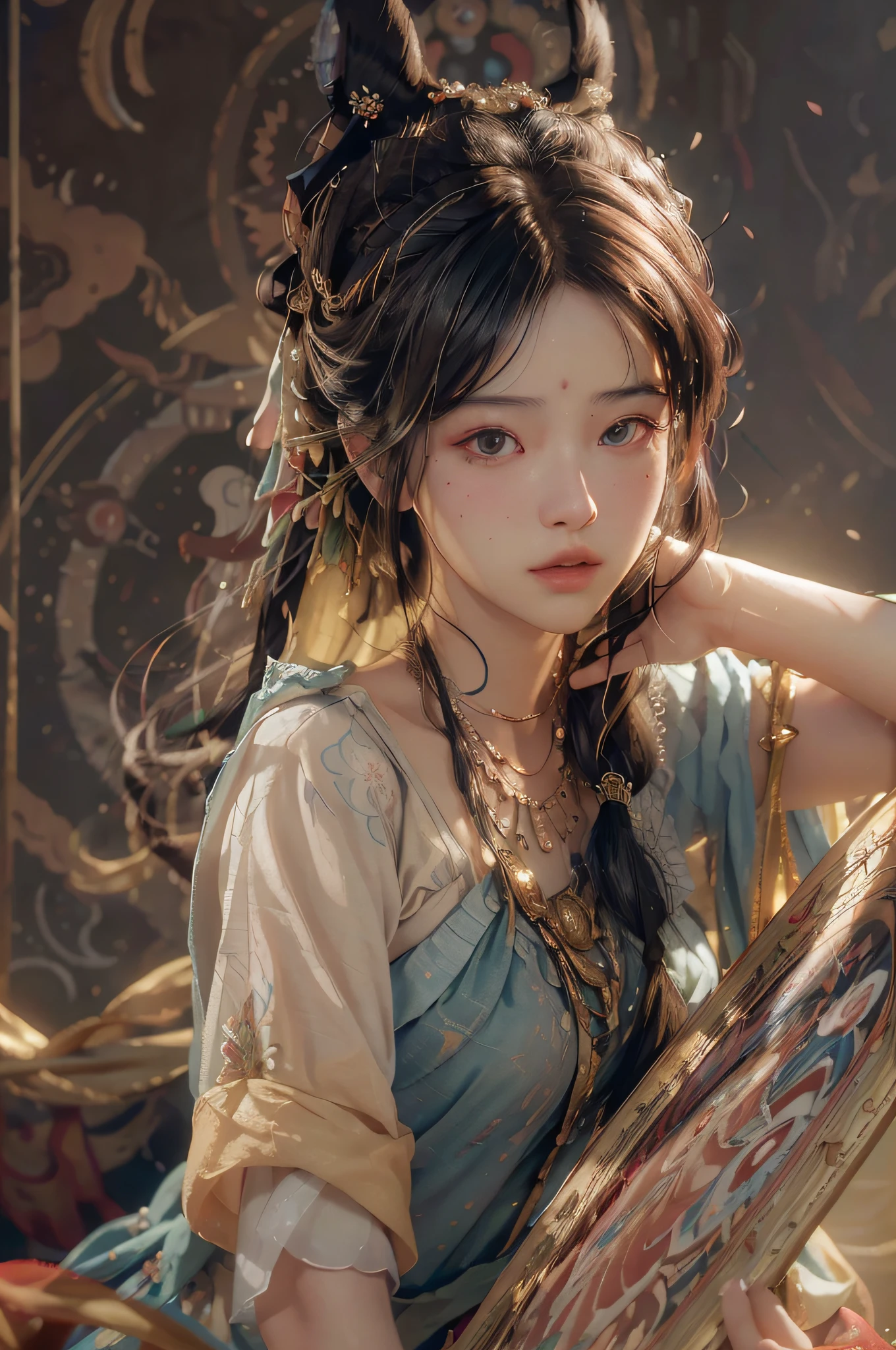 (RAW photo, best quality), (realistic, photo-realistic:1.3),best quality,highly detailed,masterpiece,ultra-detailed,illustration,1girl,upper_body,dynamic angle,world masterpiece theater,messy_long_hair,best quality,extremely detailed CG unity 8k wallpaper,ink,Amazing,cinematic lighting,lens_flare, dunhuang_style