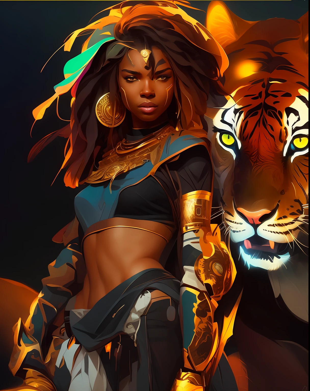 A closeup of a woman with a tiger on her right side, Rossdrew | Afrofuturism, the smooth black lioness, Alena Aenami and Artgerm, Artgerm and Atey Ghailan, stunning character art, Wojtek Fus, stunning art style, beautiful digital art, epic fantasy art style, epic digital art illustration