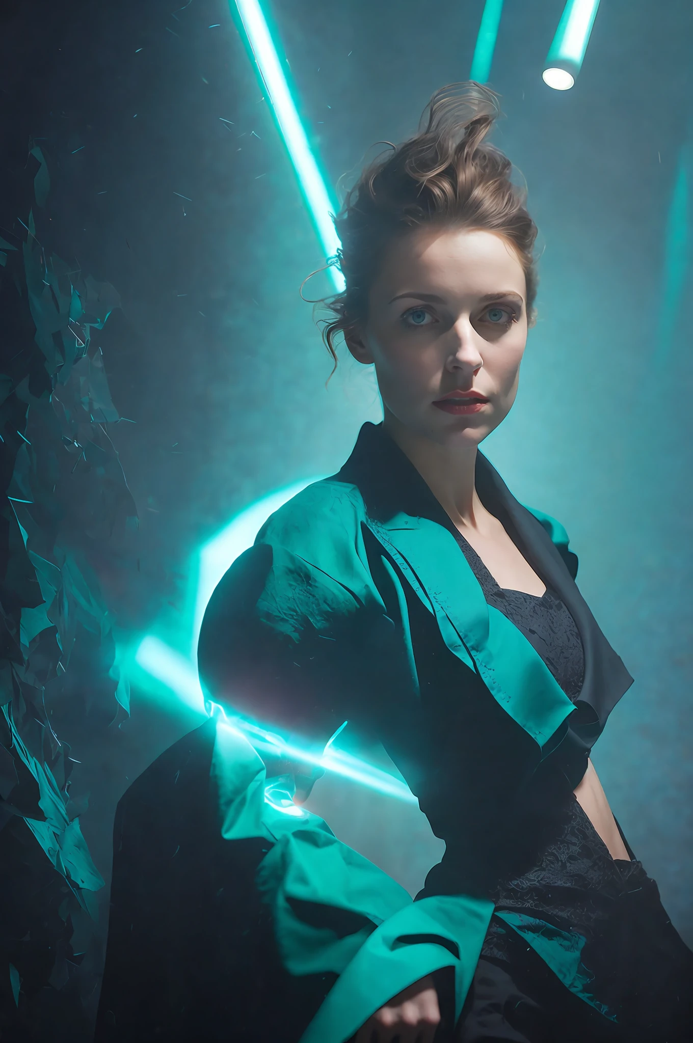 portrait of an award-winning photo of international famous artist posing in a dark studio, (rim lighting,: 1.4) two-tone lighting, sharp focus, teal hue, octane, unreal, dimly lit, low key,
