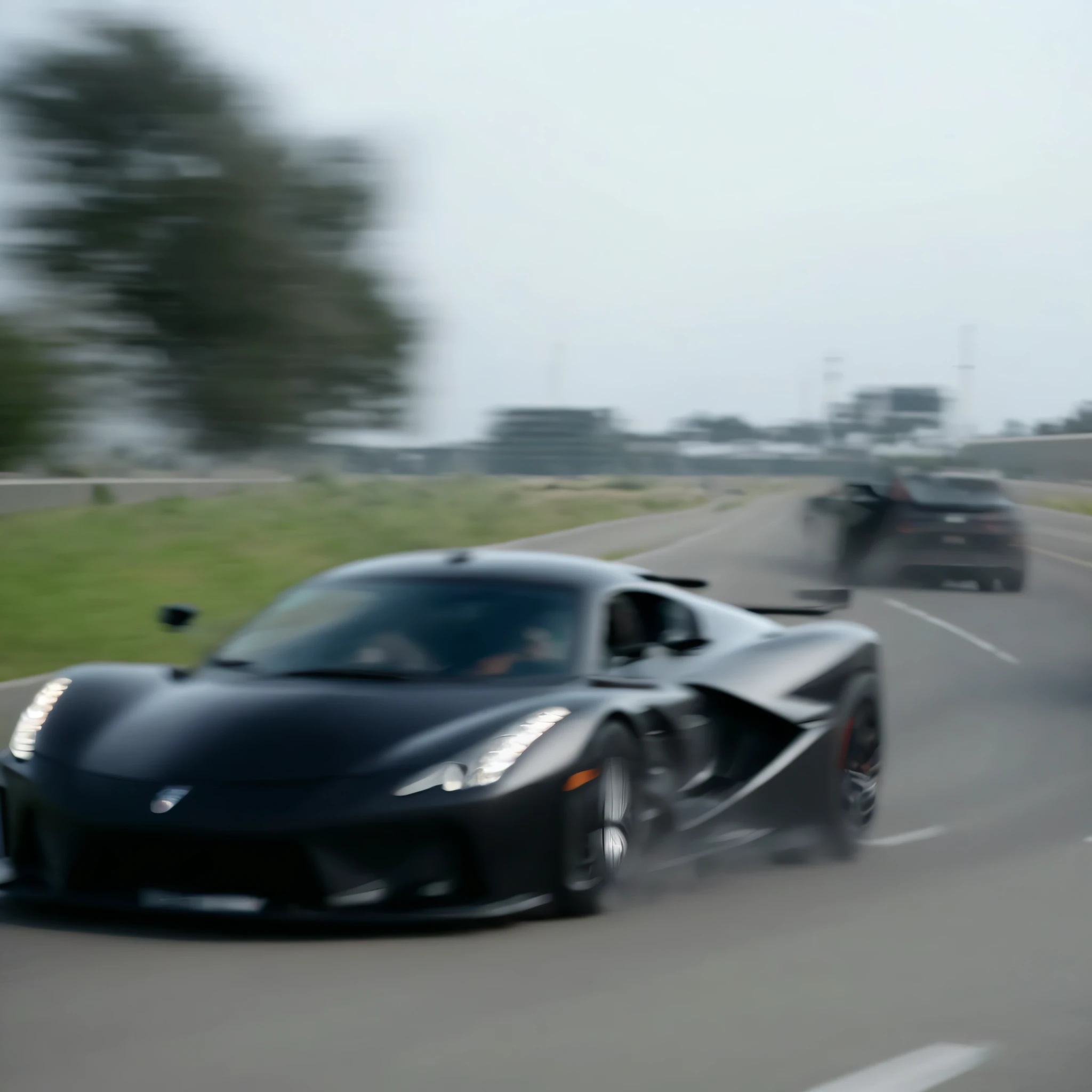 A black sports car driving on the road, extremely strong wind, high-speed chase, high wind, HD quality, 4K picture quality, handsome sports car on the highway, the car moves fast, the license plate says SAROTIN, there are no cars and people around.