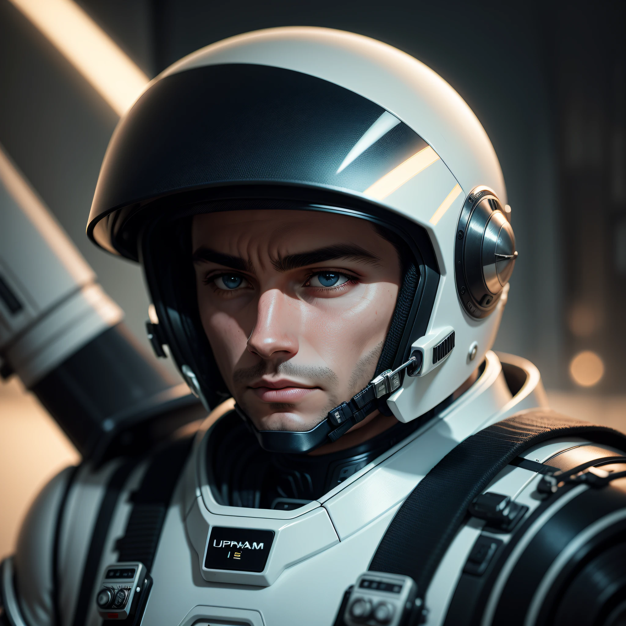 um homem branco, capacete de piloto, Futurism, Realism, cinematic lighting, close-up, 35mm, Fujifilm, HD, high details