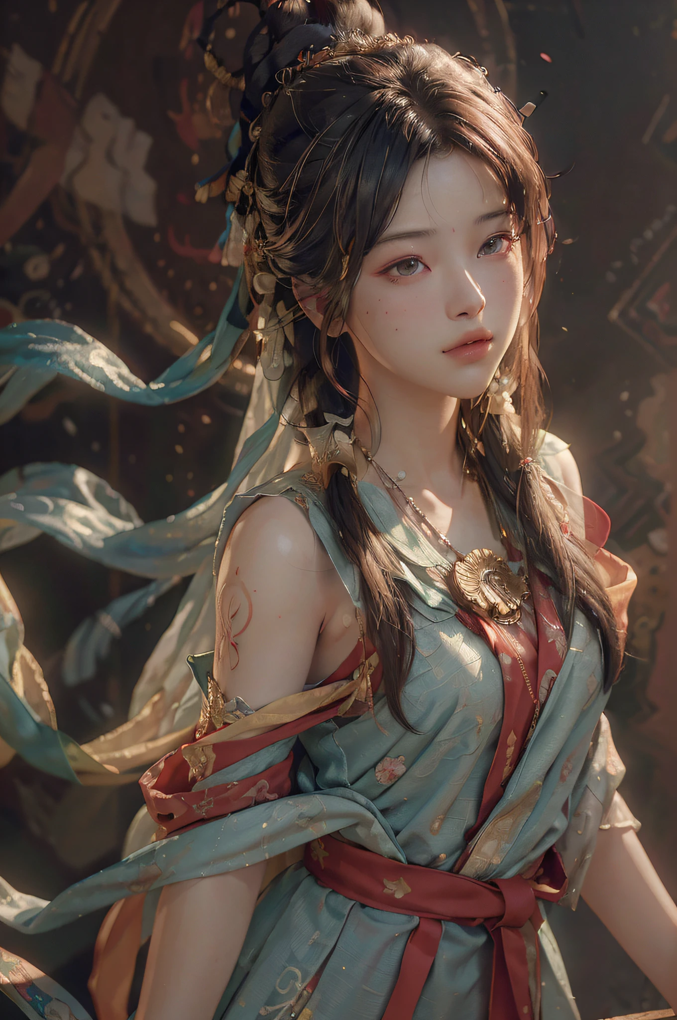 (RAW photo, best quality), (realistic, photo-realistic:1.3),best quality,highly detailed,masterpiece,ultra-detailed,illustration,1girl,upper_body,dynamic angle,world masterpiece theater,messy_long_hair,best quality,extremely detailed CG unity 8k wallpaper,ink,Amazing,cinematic lighting,lens_flare, dunhuang_style