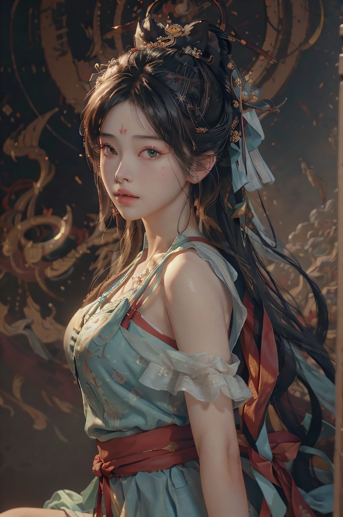 (RAW photo, best quality), (realistic, photo-realistic:1.3),best quality,highly detailed,masterpiece,ultra-detailed,illustration,1girl,upper_body,dynamic angle,world masterpiece theater,messy_long_hair,best quality,extremely detailed CG unity 8k wallpaper,ink,Amazing,cinematic lighting,lens_flare, dunhuang_style