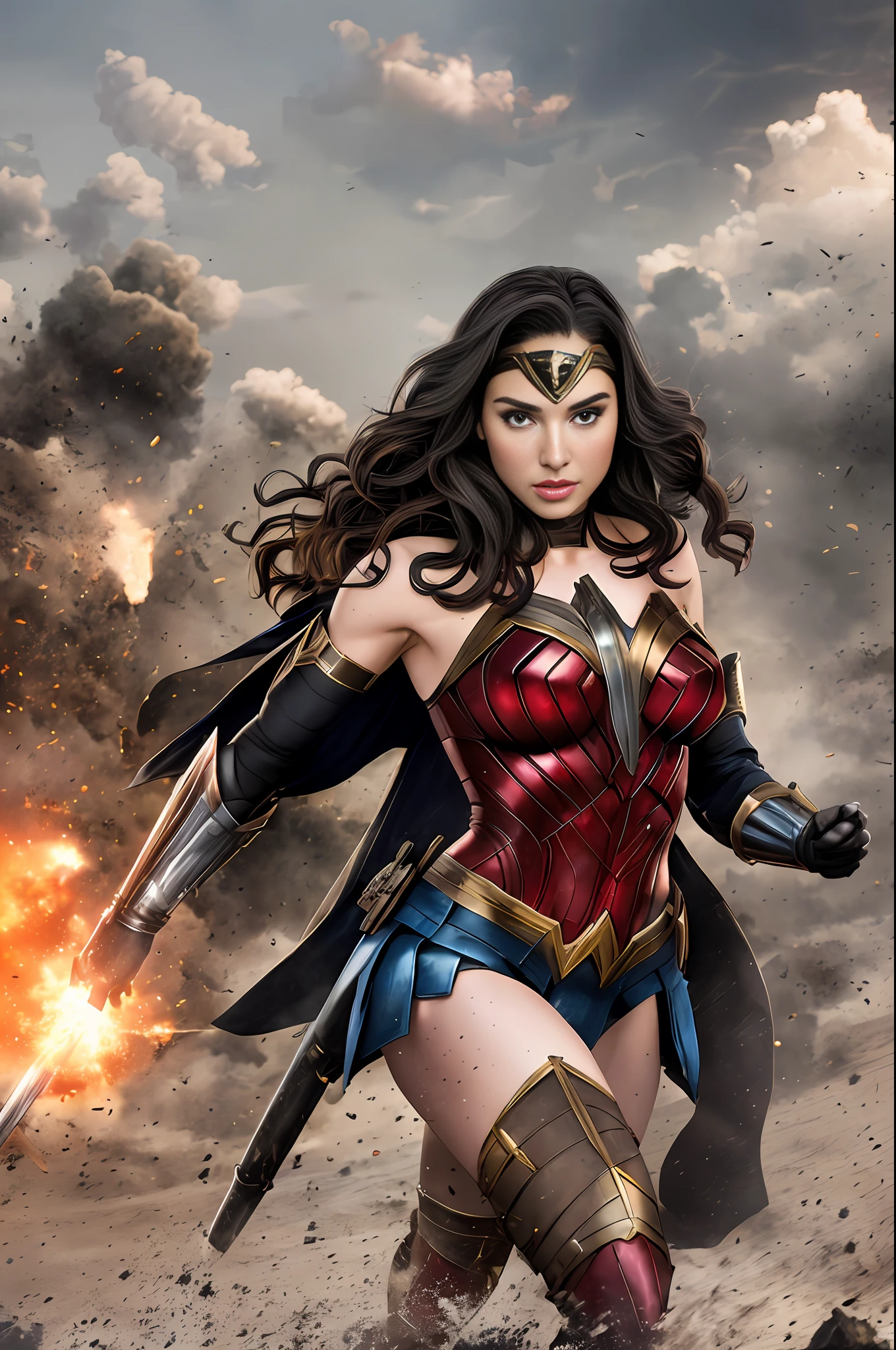 Gal Gadot as Wonder Woman and Ben Affleck as Batman, backgroud WWII tanks and soldiers with explosions, sky red, action scene, realistic, Fujifilm XT3, detailed, high definicion, ultra resolution, 64k, --auto --s2