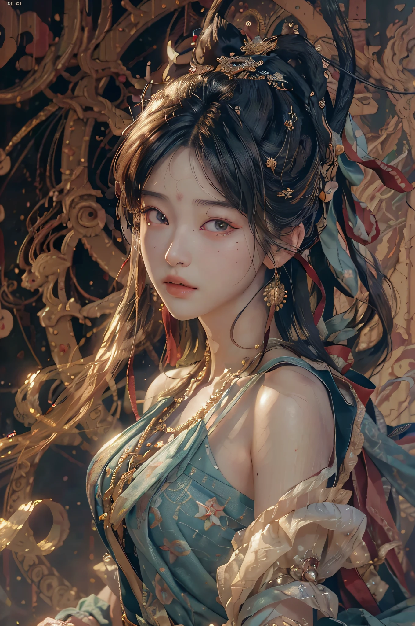 (RAW photo, best quality), (realistic, photo-realistic:1.3),best quality,highly detailed,masterpiece,ultra-detailed,illustration,1girl,upper_body,dynamic angle,world masterpiece theater,messy_long_hair,best quality,extremely detailed CG unity 8k wallpaper,ink,Amazing,cinematic lighting,lens_flare, dunhuang_style