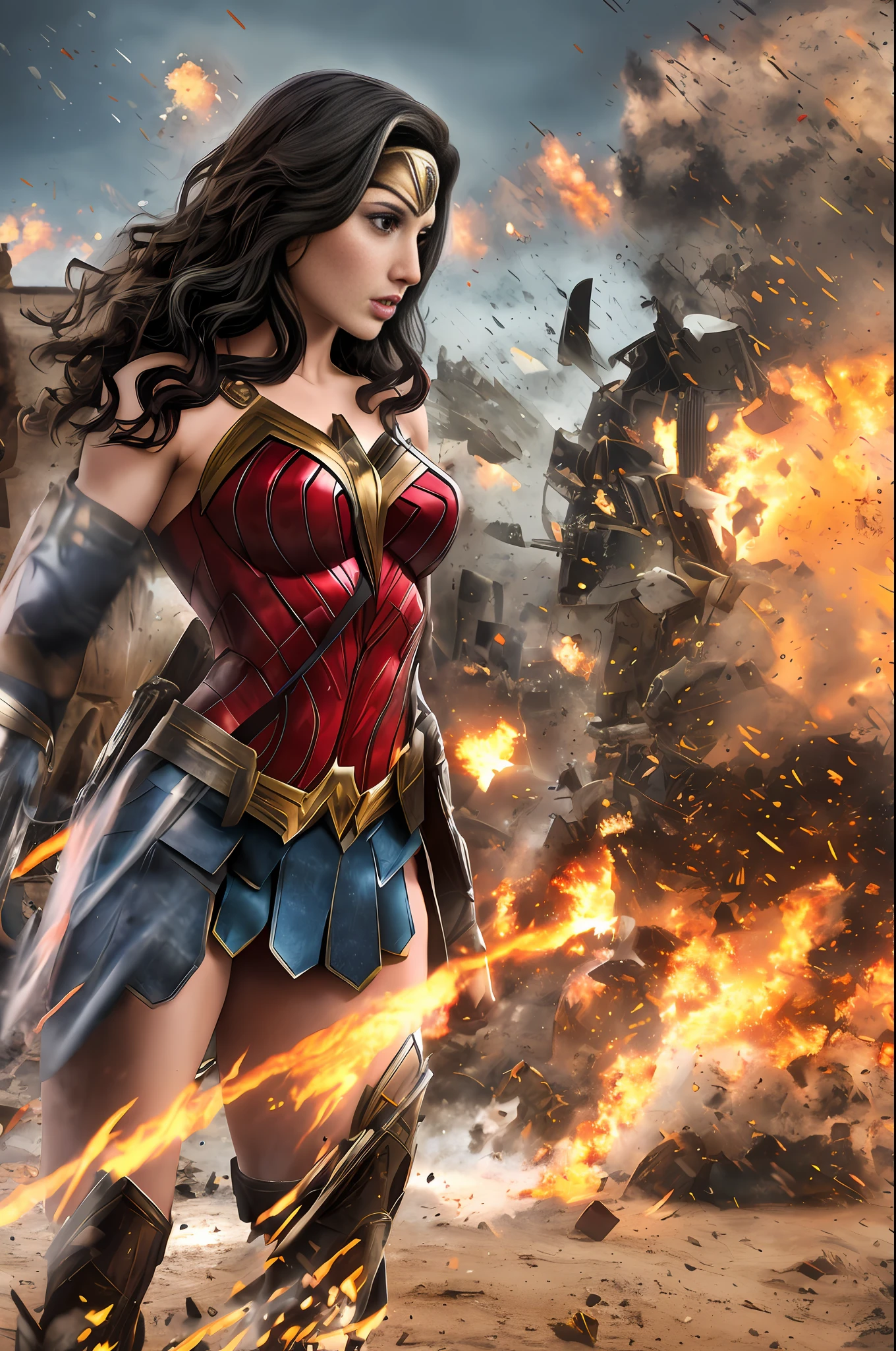 Gal Gadot as Wonder Woman and Ben Affleck as Batman, backgroud WWII tanks and soldiers with explosions, sky red, action scene, realistic, Fujifilm XT3, detailed, high definicion, ultra resolution, 64k, --auto --s2