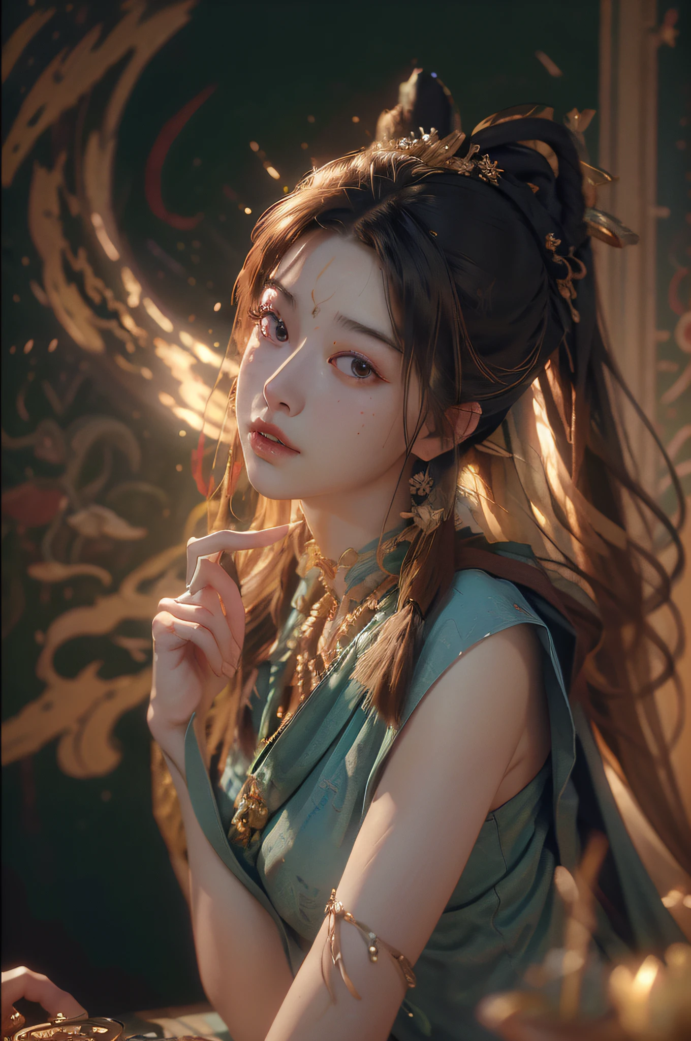 nsfw,(RAW photo, best quality),(realistic, photo-realistic:1.3),best quality,highly detailed,masterpiece,ultra-detailed,illustration,1girl,upper_body,dynamic angle,world masterpiece theater,messy_long_hair,best quality,extremely detailed CG unity 8k wallpaper,ink,Amazing,cinematic lighting,lens_flare,dunhuang_style,