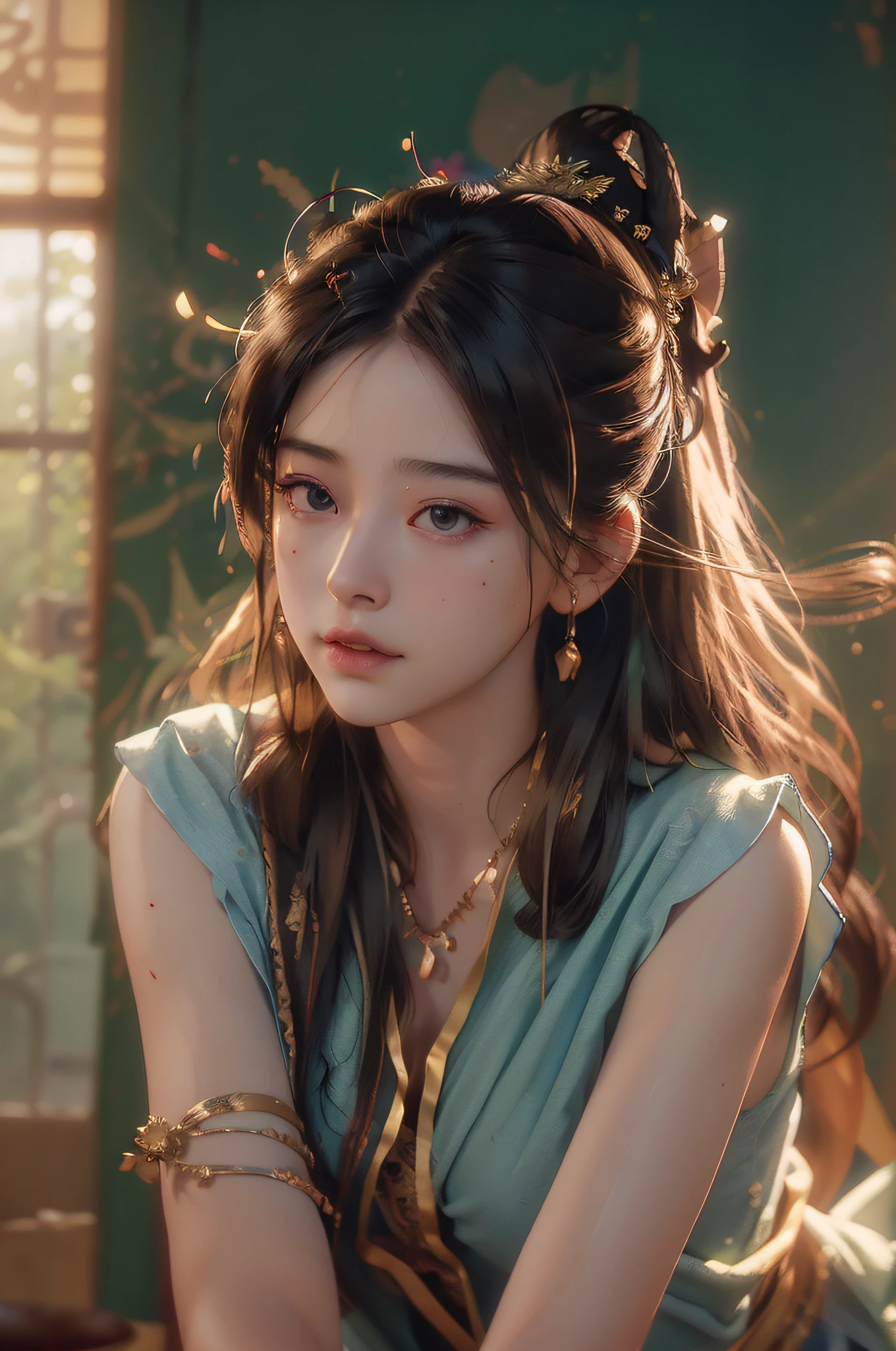 nsfw,(RAW photo, best quality),(realistic, photo-realistic:1.3),best quality,highly detailed,masterpiece,ultra-detailed,illustration,1girl,upper_body,dynamic angle,world masterpiece theater,messy_long_hair,best quality,extremely detailed CG unity 8k wallpaper,ink,Amazing,cinematic lighting,lens_flare,dunhuang_style,