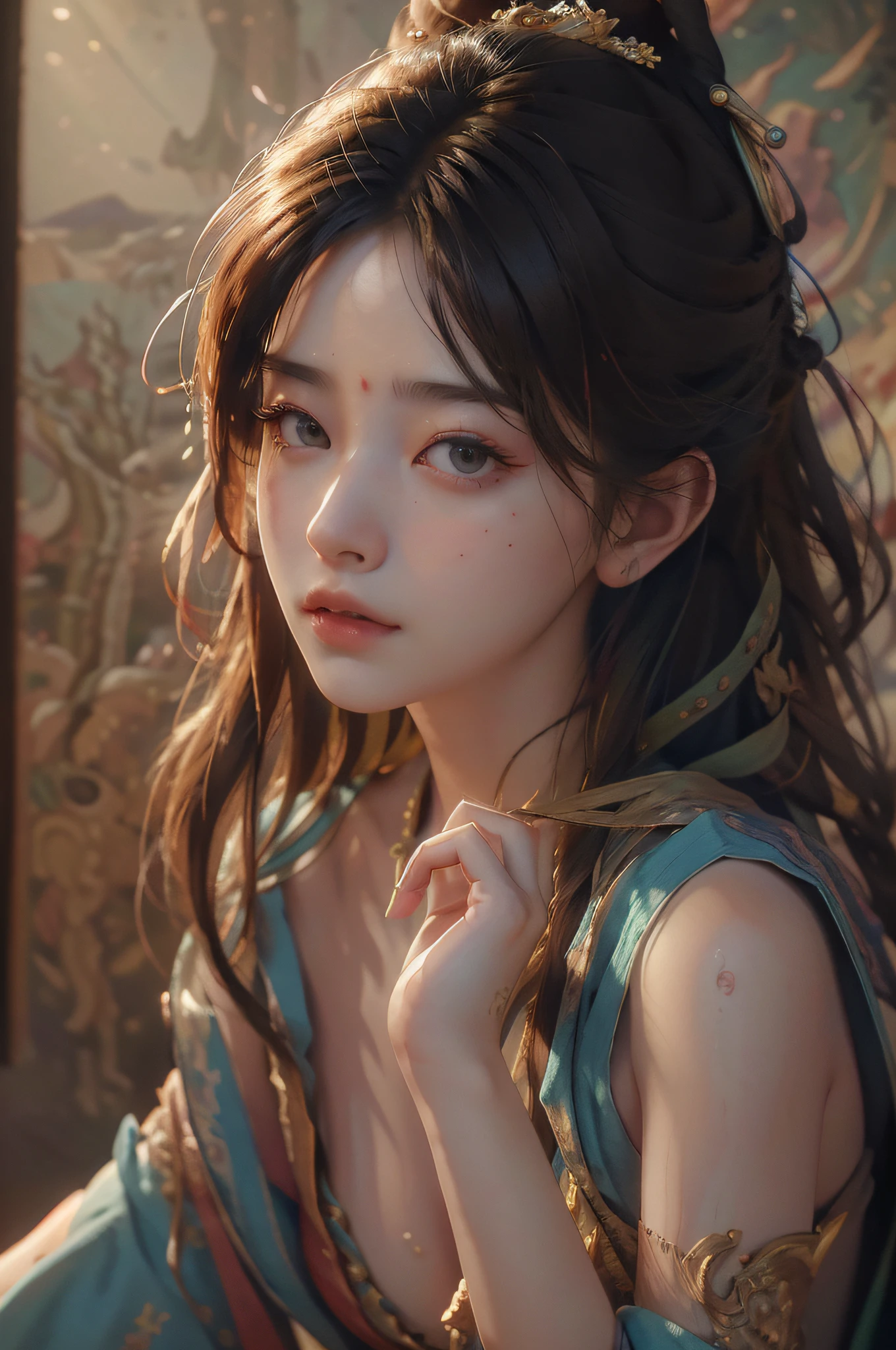 nsfw,(RAW photo, best quality),(realistic, photo-realistic:1.3),best quality,highly detailed,masterpiece,ultra-detailed,illustration,1girl,upper_body,dynamic angle,world masterpiece theater,messy_long_hair,best quality,extremely detailed CG unity 8k wallpaper,ink,Amazing,cinematic lighting,lens_flare,dunhuang_style,