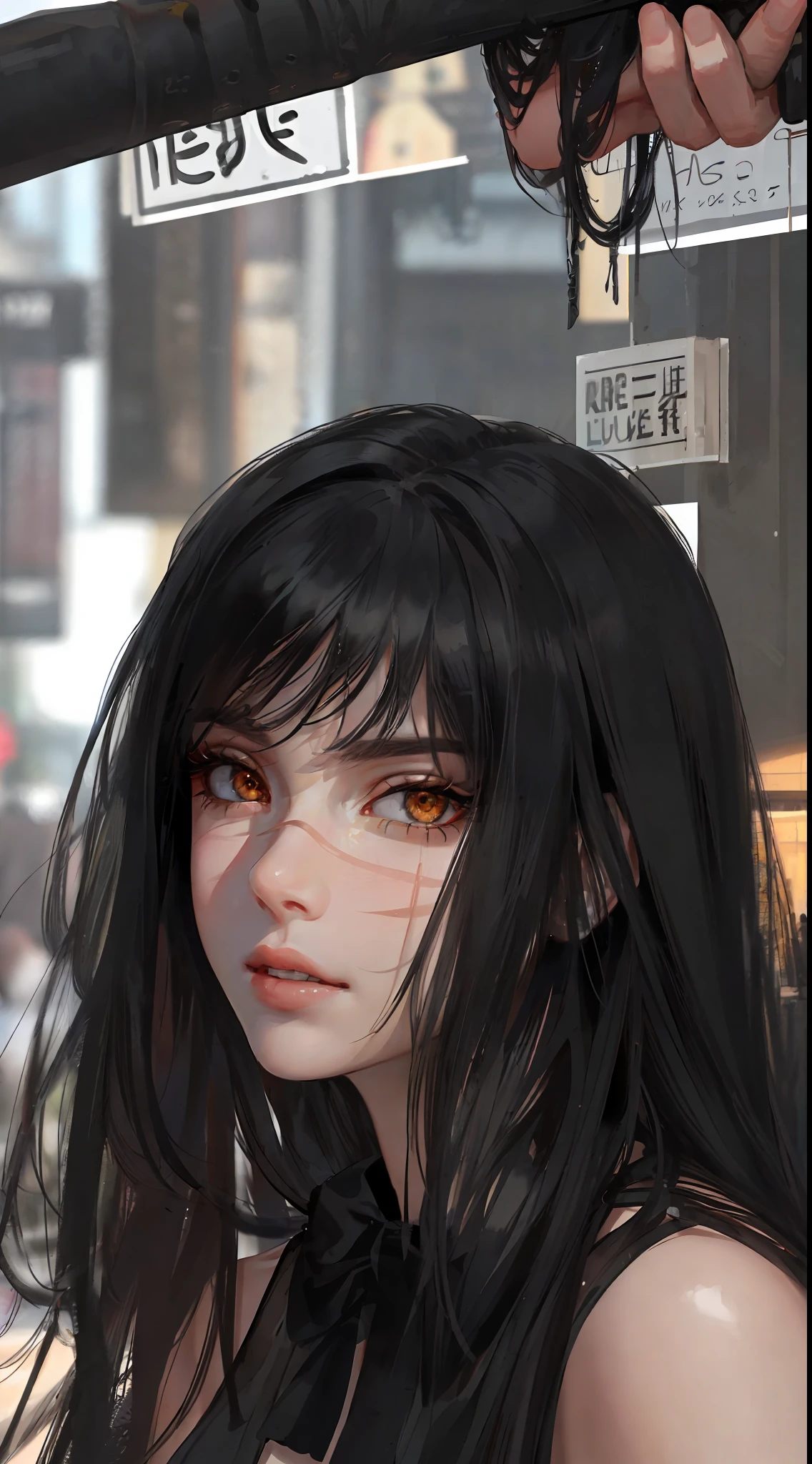 photorealistic, lip gloss, realistic, best quality, ultra high resolution, depth, pastel color, natural shading, focus on the face, just the face, looking at the viewer, long hair, black hair, brown and well-detailed eyes, black dress, gloves, anatomically correct