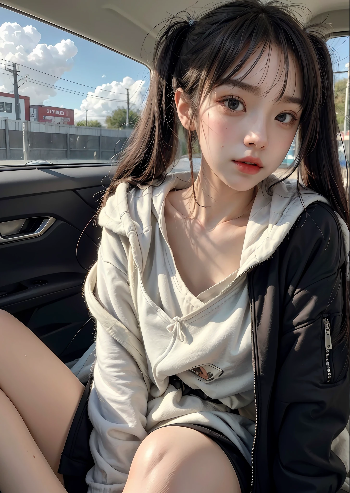 Masterpiece, best quality, (1girl), 18-year-old woman, cute and beautiful girl, (flat chest:1.3), petite, short black pigtails, porcelain skin, oversized hoodie, bottomless,
Sitting In car seat, spread legs,
photorealistic, photo, photorealism, photorealistic digital art trending on Artstation 8k HD high definition detailed realistic, detailed, skin texture, hyper detailed, realistic skin texture, armature, best quality, ultra high res, photorealistic,, high resolution, detailed, raw photo,