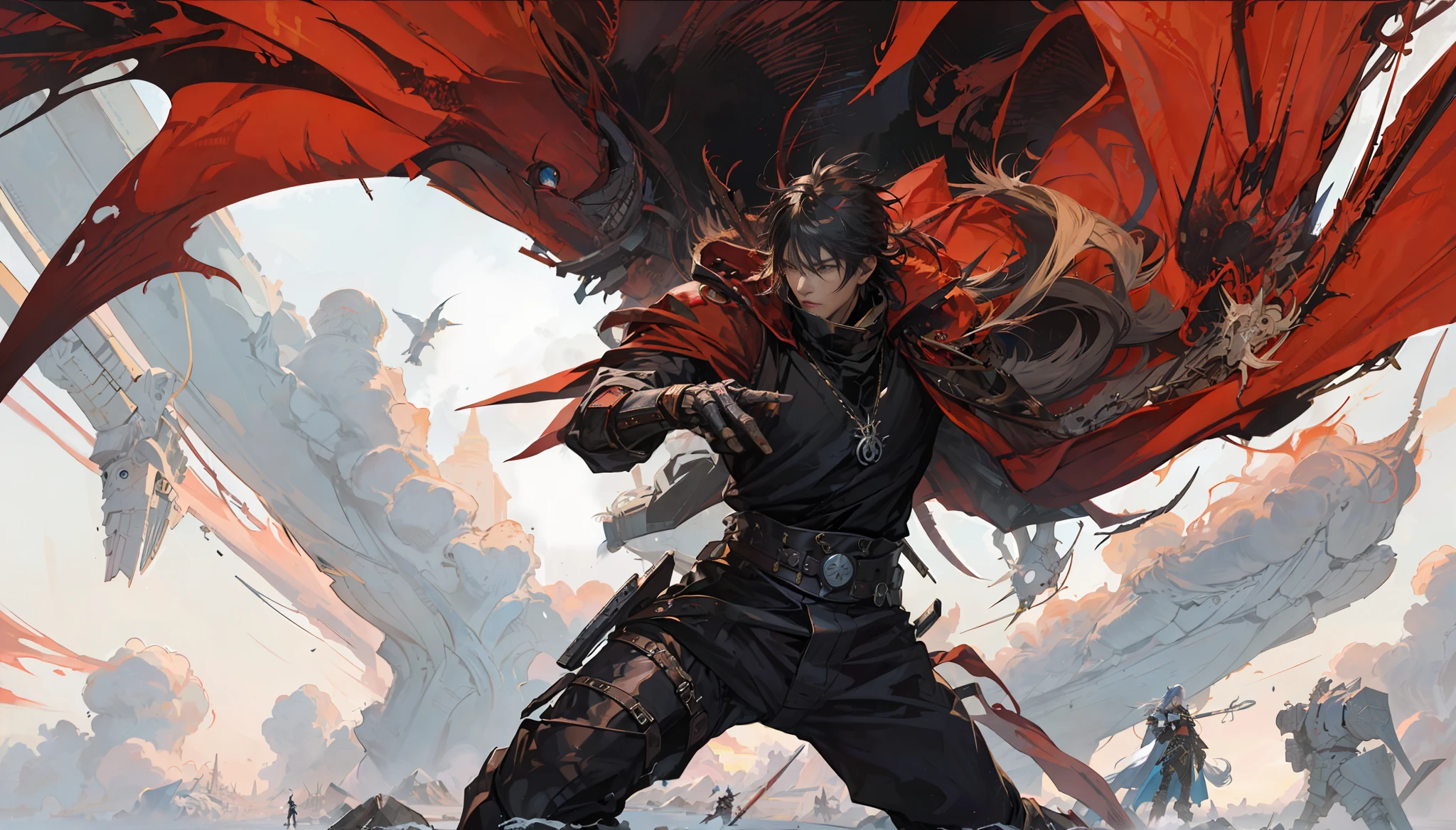 anime character with red wings and a sword in a snowy landscape, badass anime 8 k, by Yang J, handsome guy in demon slayer art, anime epic artwork, 2. 5 d cgi anime fantasy artwork, 4 k manga wallpaper, alucard, detailed anime character art, epic anime style, shigenori soejima illustration, detailed digital anime art