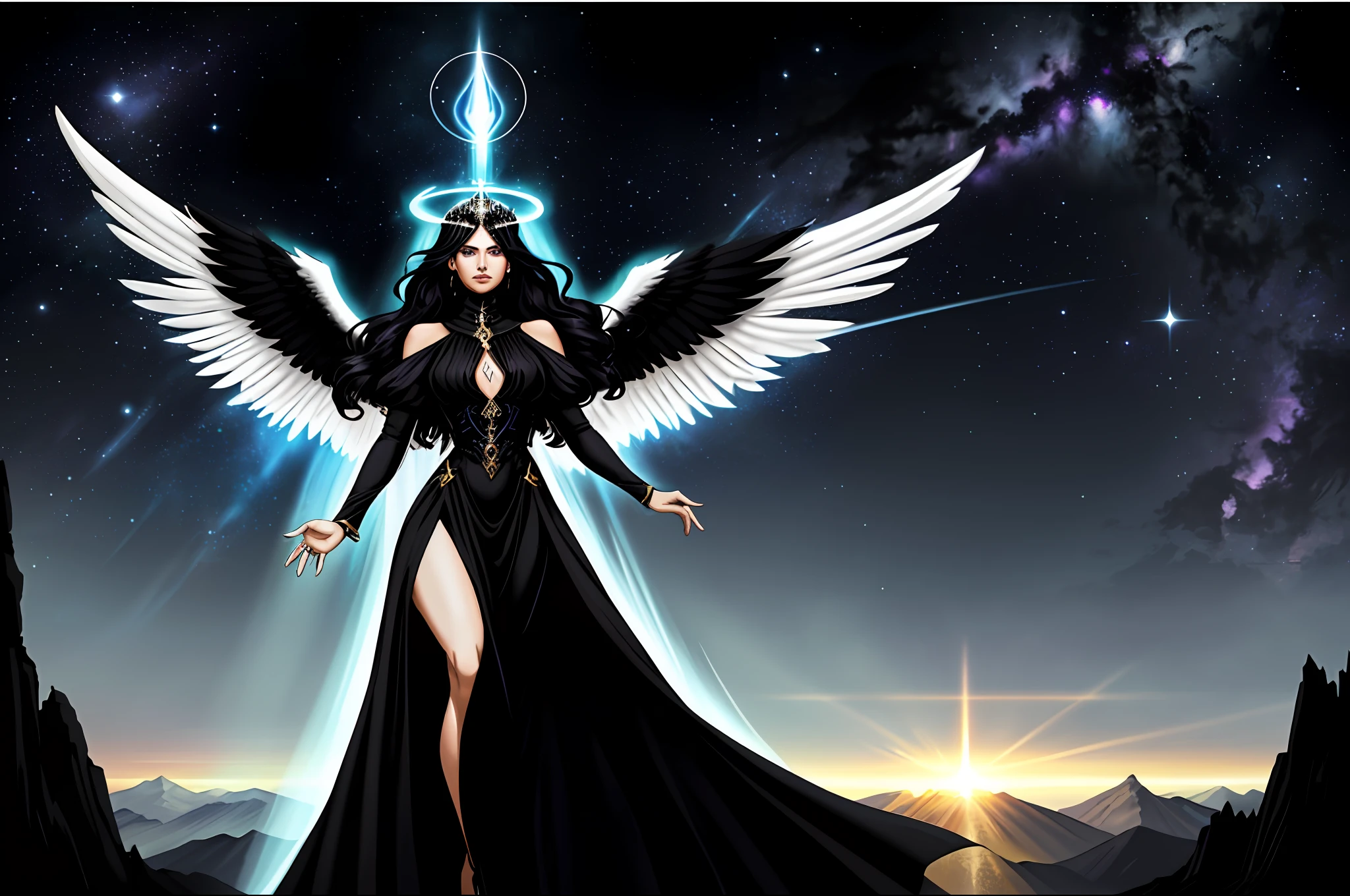 Visionary Art, woman floating in the sky, full body dynamic pose, serious look, expression of fullness, deep eyes, purple eyes, black wings, angel wings, deity, goddess of Greek mythology, nyx goddess, allegorical painting, goddess Hecate, conservative dress, elegant dress, black dress, turtleneck, flowing clothing, black clothing, voil fabric, flowing fabric, elegant hairstyle, hair half loose,  black hair, very long hair, big hips, beautiful hands, shiny crystal, minimalist tiara, crystal tiara, jewelry 
silver, beautiful jewelry, minimalist jewelry,halo of light behind the head, scenery night sky, dark sky, universe, starry night, magic clouds, beautiful clouds, bright moon, renaissance, divine, expansion of consciousness, acetate painting, centered, worm angle