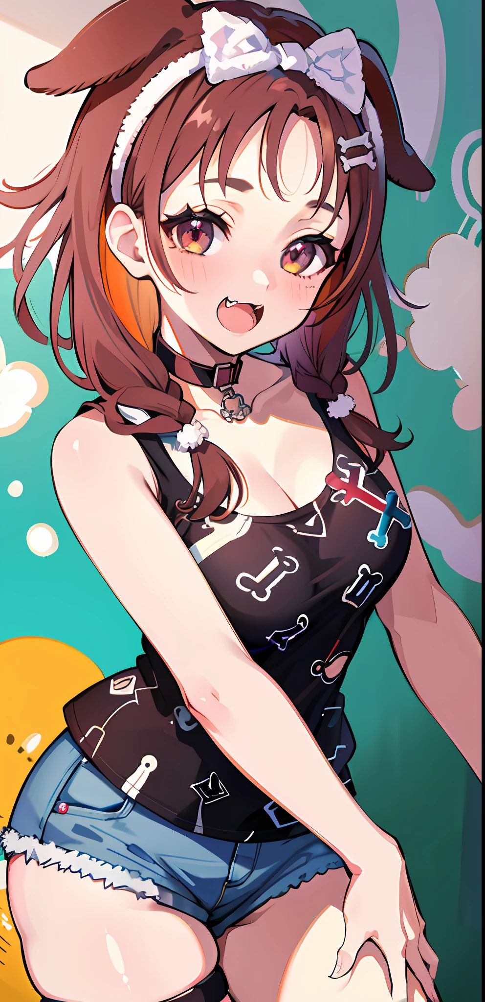 masterpiece, high quality, highres, absurdres, ultra-detailed, detailed eyes, 8k, ti-emb_kobo-kanaeru, 1girl, colorful eyes, fangs, open mouth, bangs, colorful background, looking at viewer, vibrant, contrast, red hair, red hair, gradient hair, happy, graffiti wall background, water splash, close up,masterpiece, best quality, highres, ik3, black shirt, animal ears, brown hair, forehead, bow hairband, cleavage, black choker, large breasts, thigh strap, print shirt, sleeveless shirt, short shorts, fangs, cowboy shot, smile, indoors