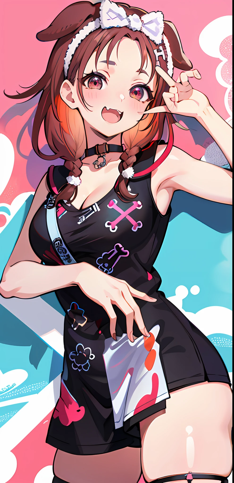 masterpiece, high quality, highres, absurdres, ultra-detailed, detailed eyes, 8k, ti-emb_kobo-kanaeru, 1girl, colorful eyes, fangs, open mouth, bangs, colorful background, looking at viewer, vibrant, contrast, red hair, red hair, gradient hair, happy, graffiti wall background, water splash, close up,masterpiece, best quality, highres, ik3, black shirt, animal ears, brown hair, forehead, bow hairband, cleavage, black choker, large breasts, thigh strap, print shirt, sleeveless shirt, short shorts, fangs, cowboy shot, smile, indoors
