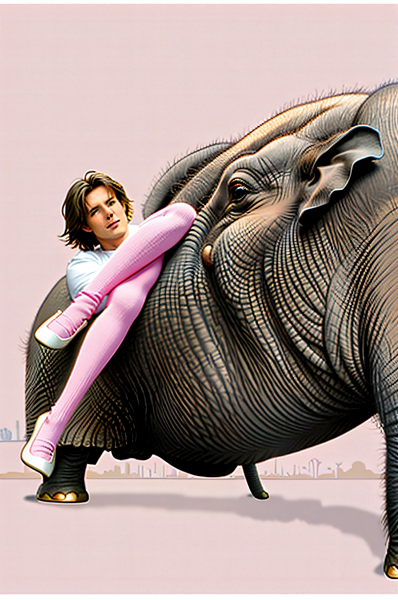 tom cruise on an elephant with a pink socks,award winning photo 16:9 80mm lens