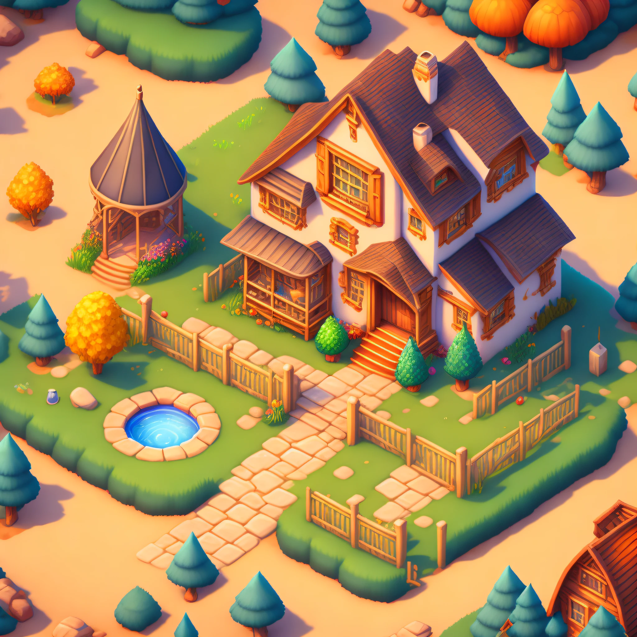 Villas, 2D games, Stardew Valley. 45 degree top view, graffiti, colorful