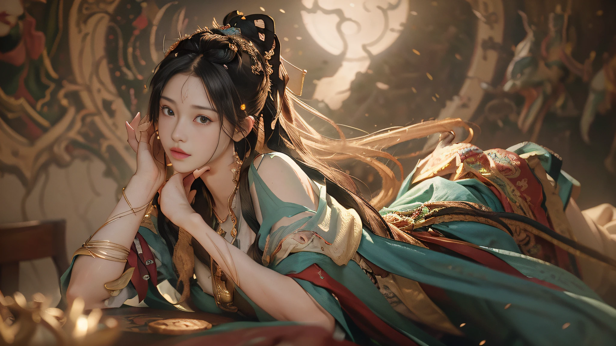 nsfw,(RAW photo, best quality),(realistic, photo-realistic:1.3),best quality,highly detailed,masterpiece,ultra-detailed,illustration,1girl,upper_body,dynamic angle,world masterpiece theater,messy_long_hair,best quality,extremely detailed CG unity 8k wallpaper,ink,Amazing,cinematic lighting,lens_flare,dunhuang_style,
