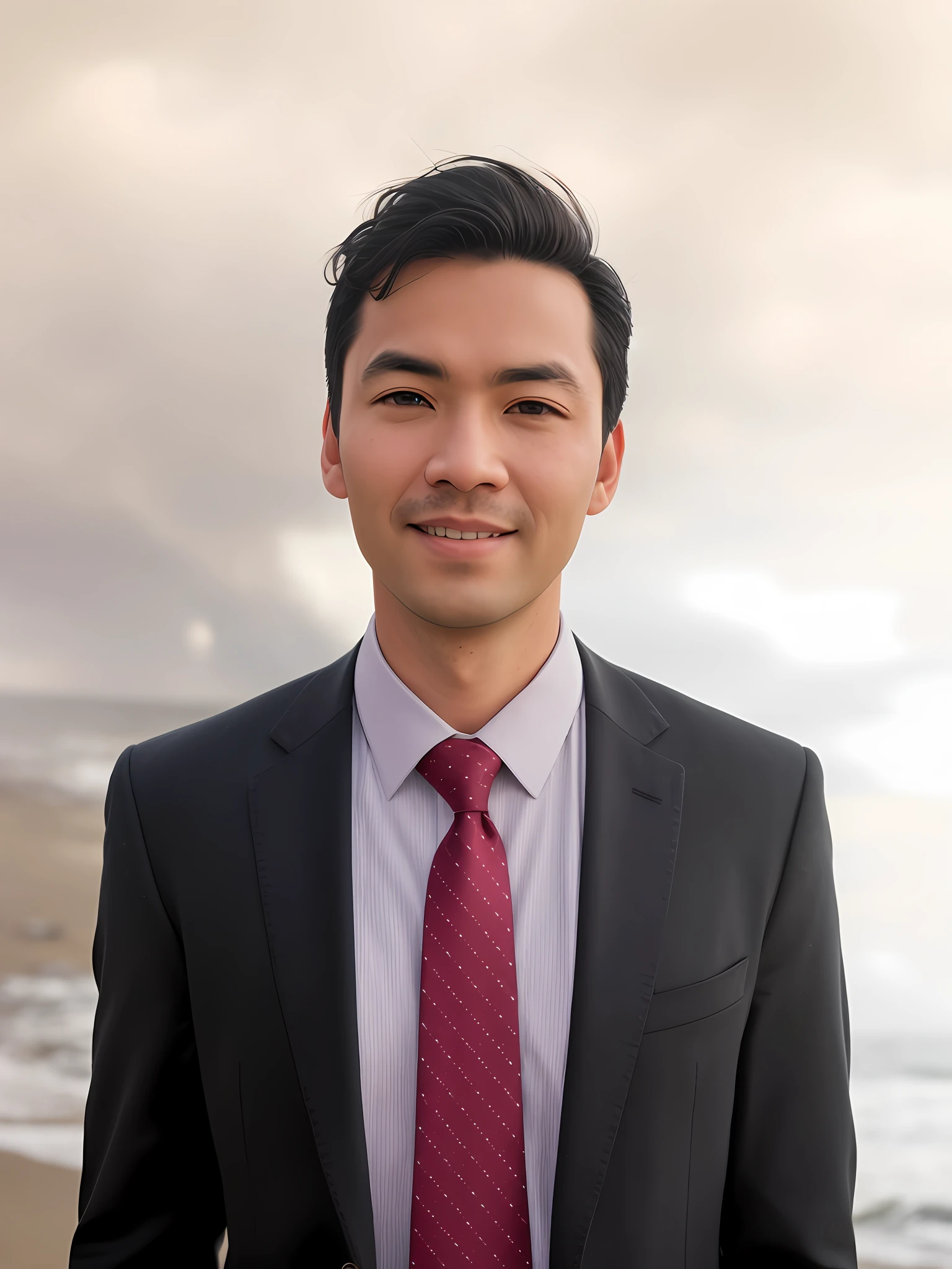 man standing on the beach with his hands in his pockets, the sea and storms behind him, profile shot, black and white photo of man in black clothes, black hair, half body, body, highly detailed skin, skin pores, coastline, cloudy weather, wind, waves, 8k uhd, Dslr, soft lighting, high quality, film grain, Fujifilm XT3. Middle smile. Fleeting with camera.
