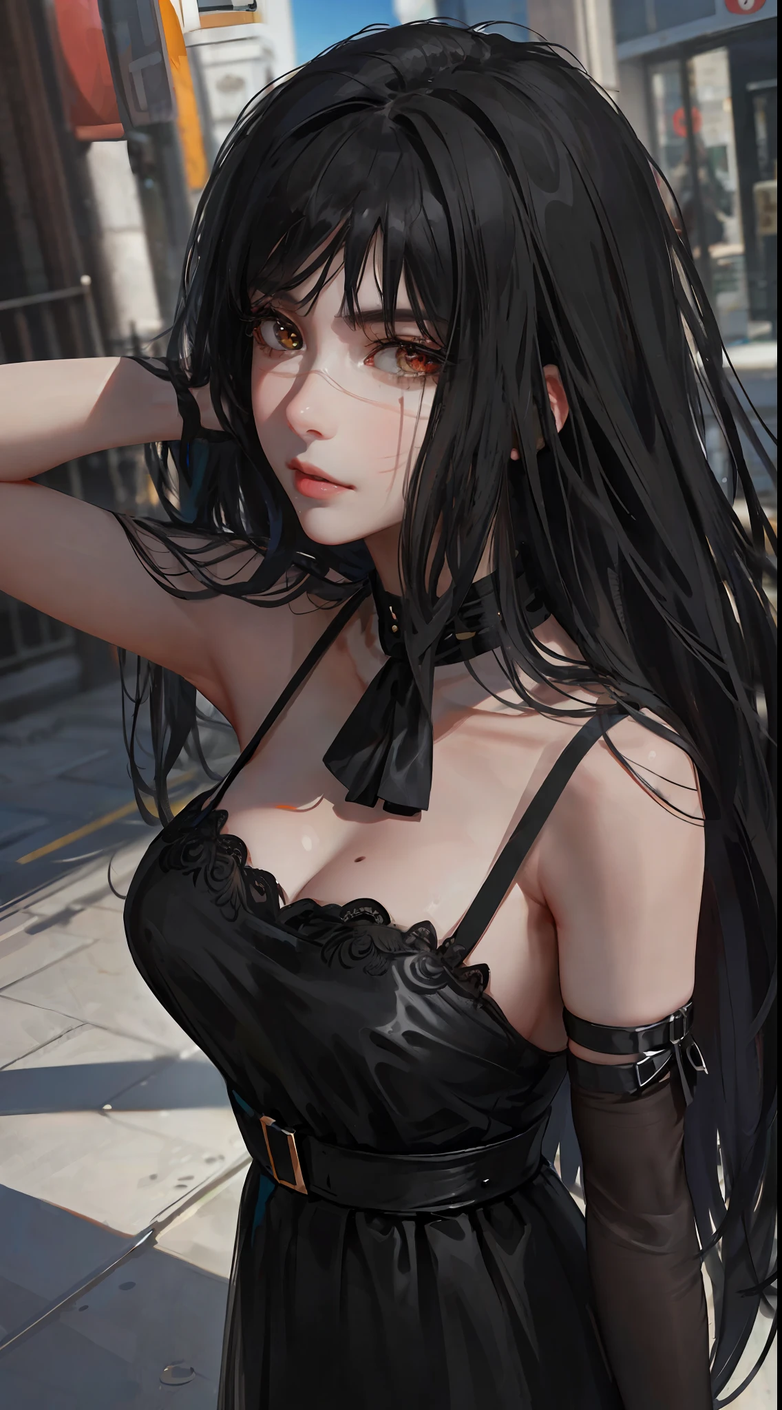 photorealistic, lip gloss, realistic, best quality, ultra high resolution, depth, pastel color, natural shading, focus on the face, just the face, looking at the viewer, long hair, black hair, brown and well-detailed eyes, black dress, gloves, anatomically correct