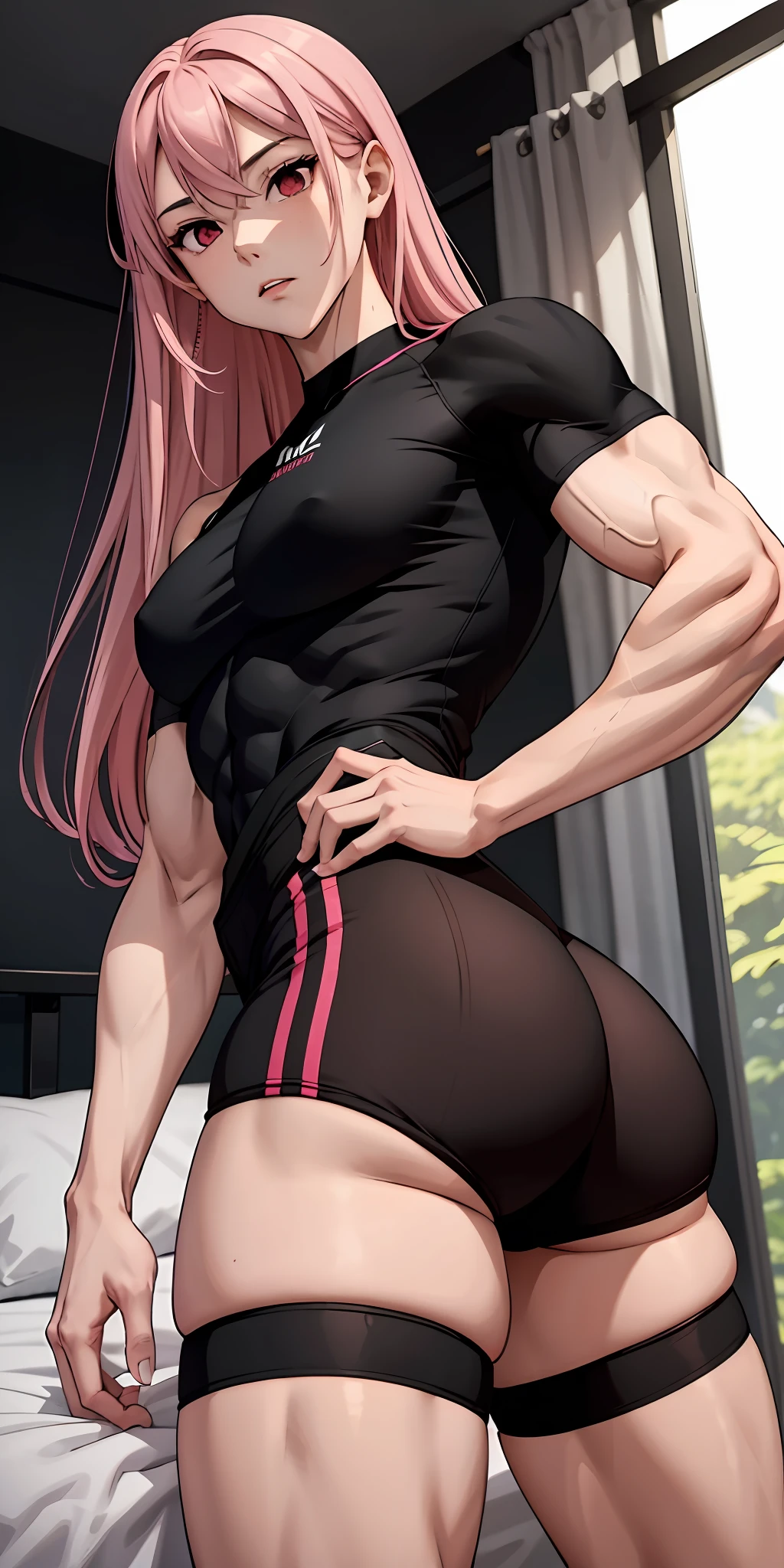 Boy, male body, adult, girl face, seductive face, provocative look, , long pink hair, perfect body, fit body, thin waist, black shirt, muscular, small girl's chest, red volleyball shorts, pretuberance, male genital, sissy, femboy, lying ass up, focus on ass, pwag