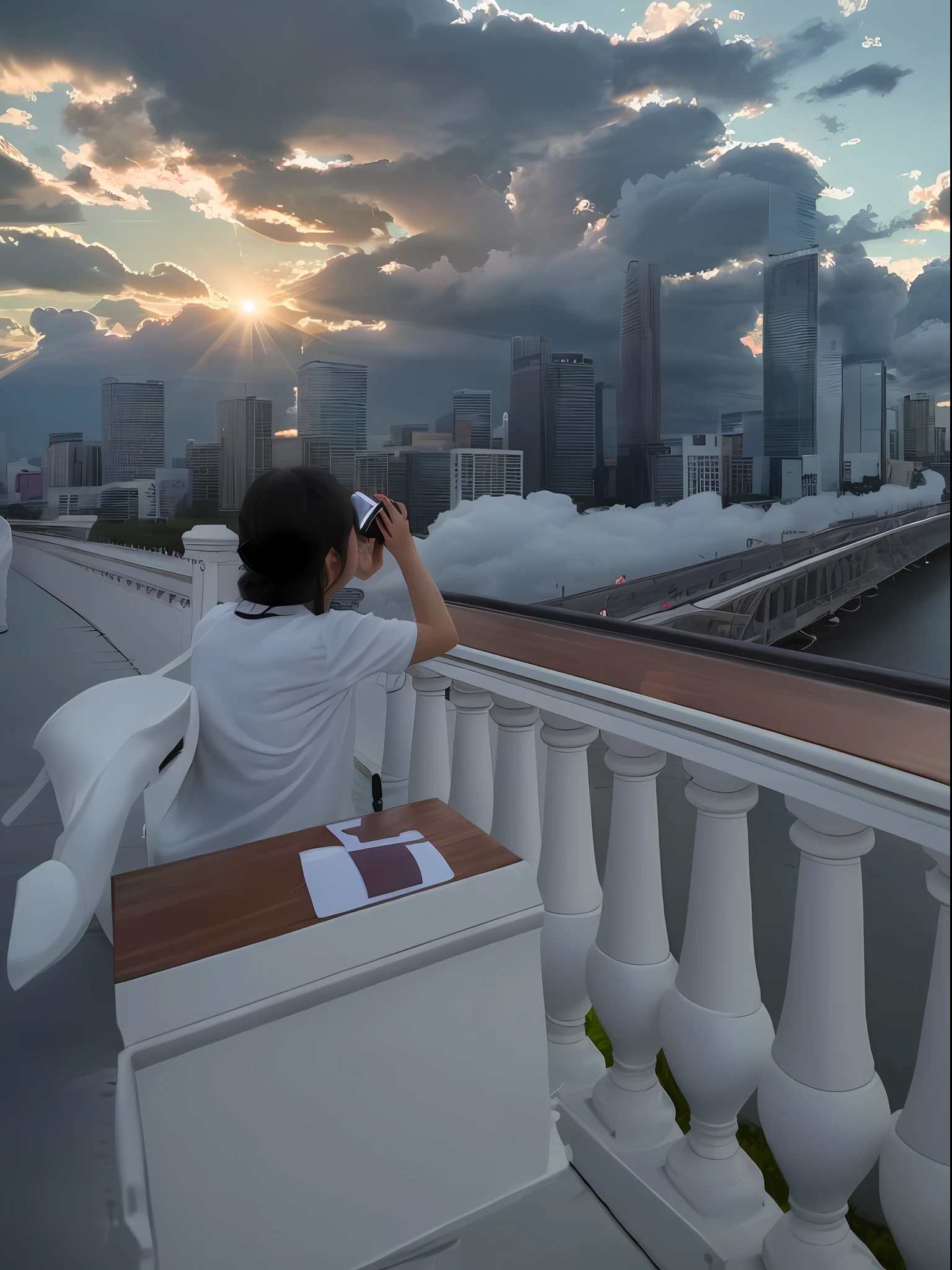 A beautiful young girl is taking photo of the cloud on the bridge.