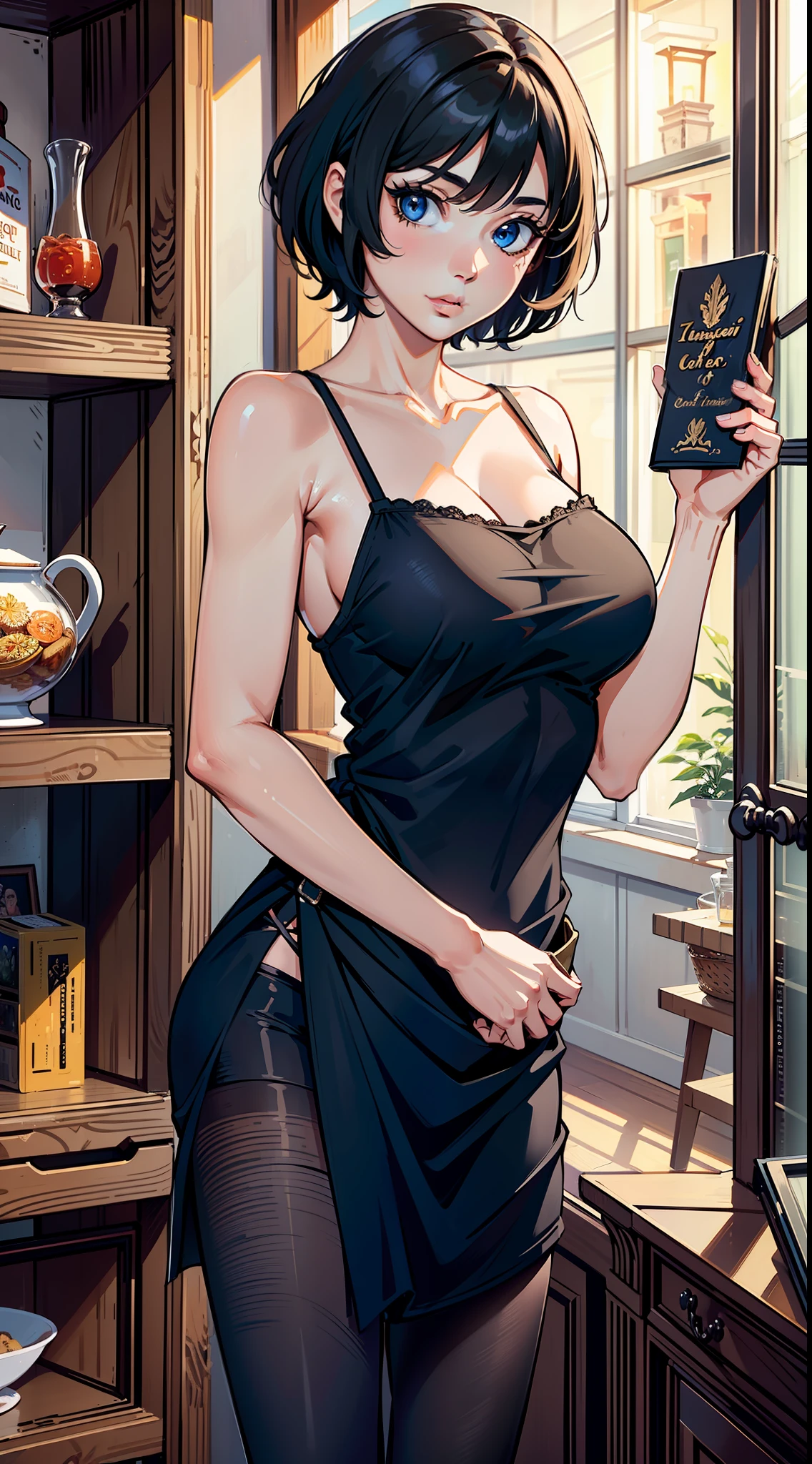 (masterpiece), best quality, ultra high res, a woman standing, looking at the shelf full of dust, hot girl, young adorable Italian face, portrait of a female, with short hair, ultra-detailed, 2.5d